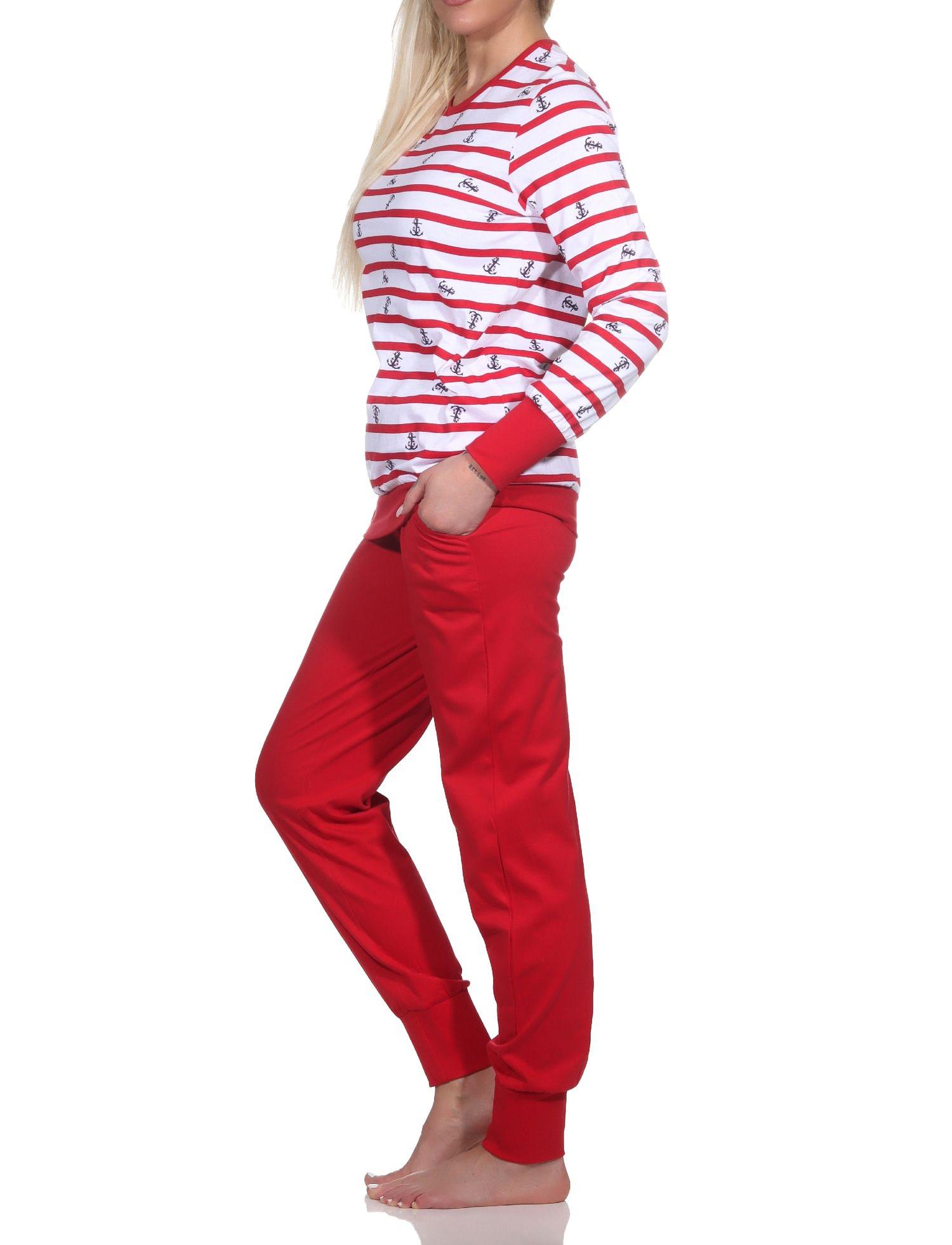 Normann Damen Schlafanzug langarm mit Bündchen in maritimer Optik - auch in Übergrössen