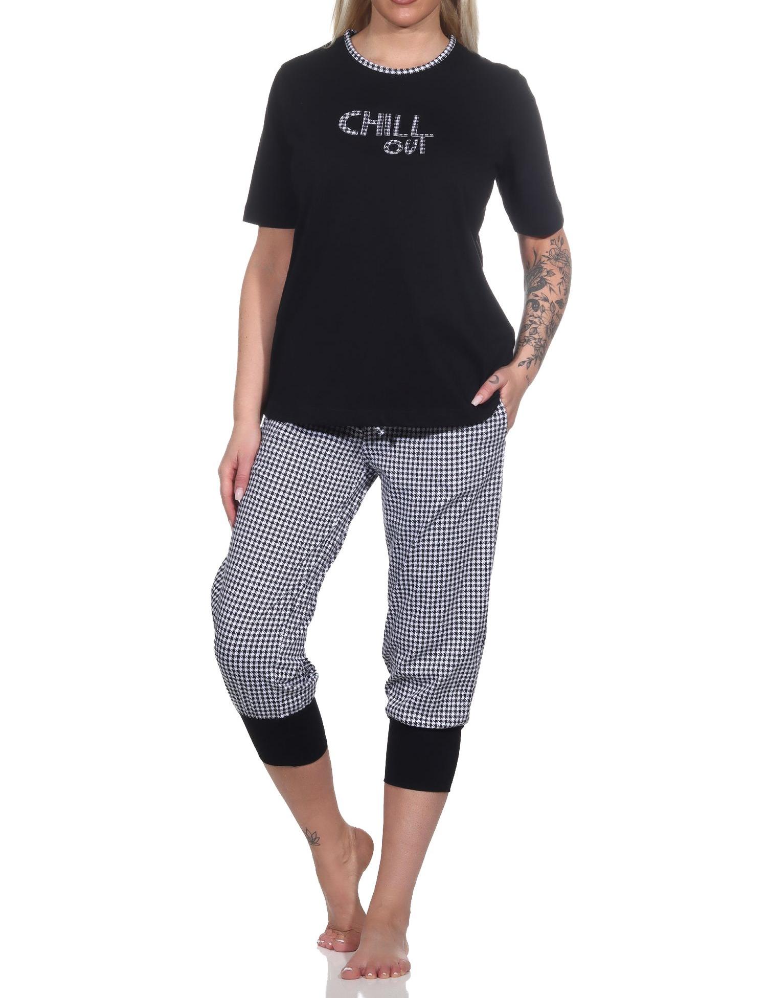 Normann Damen Capri Schlafanzug kurzarm, Hose im Pepita-Look – auch in Übergrößen