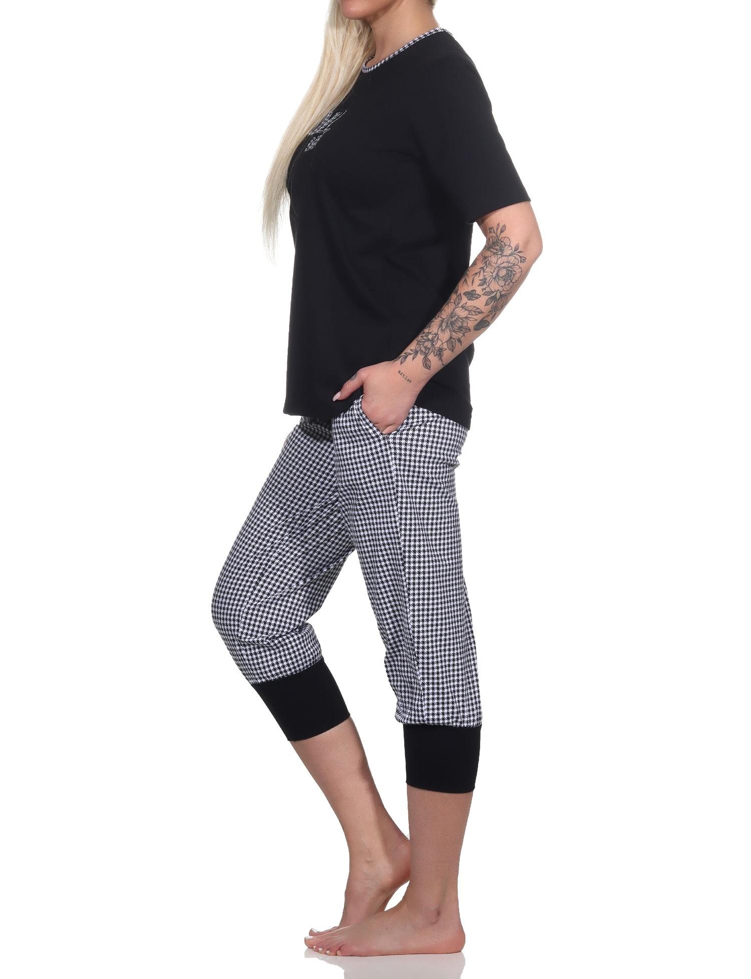 Normann Damen Capri Schlafanzug kurzarm, Hose im Pepita-Look – auch in Übergrößen