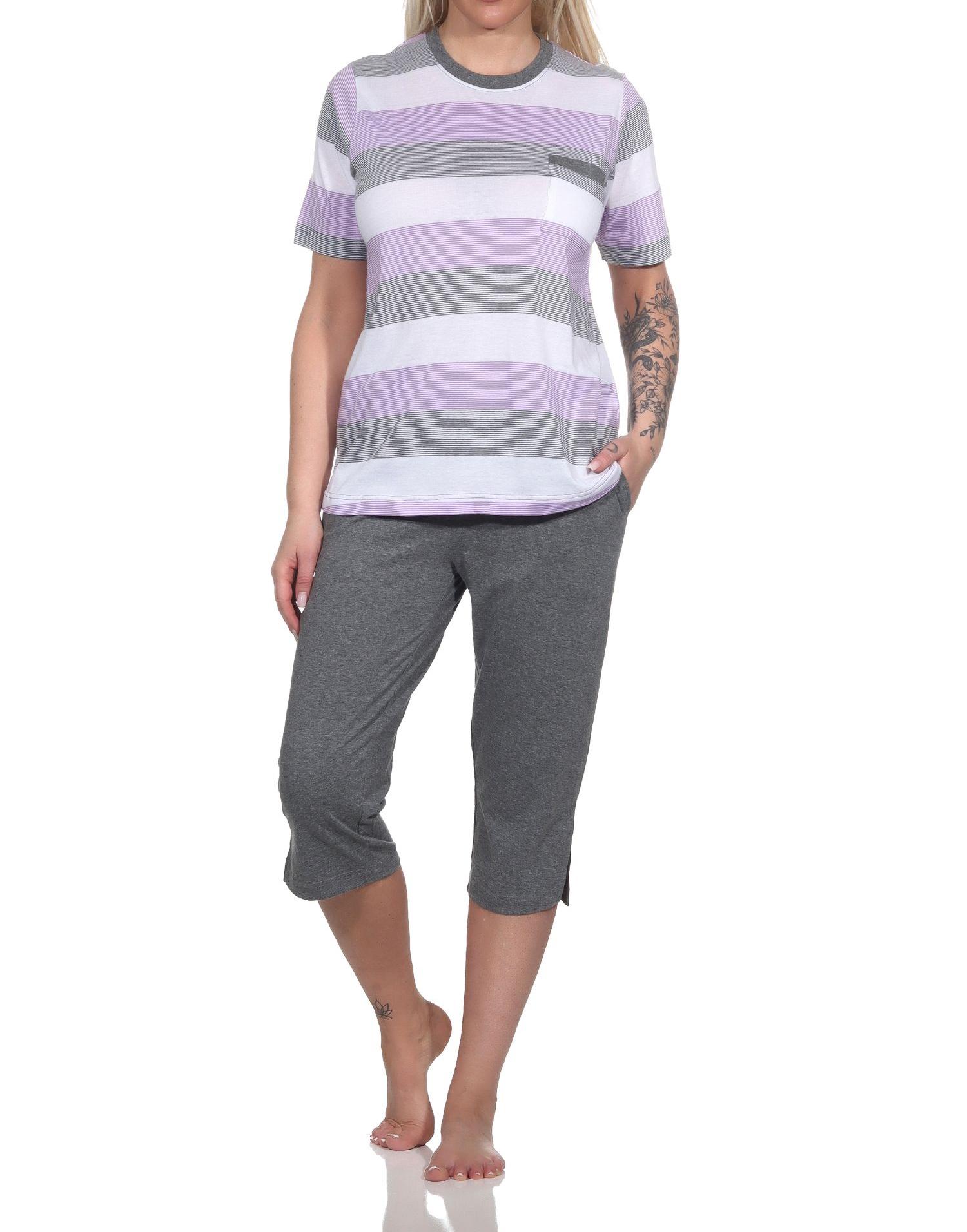 Normann Damen Capri Schlafanzug kurzarm in Blockstreifenoptik - auch in Übergrössen