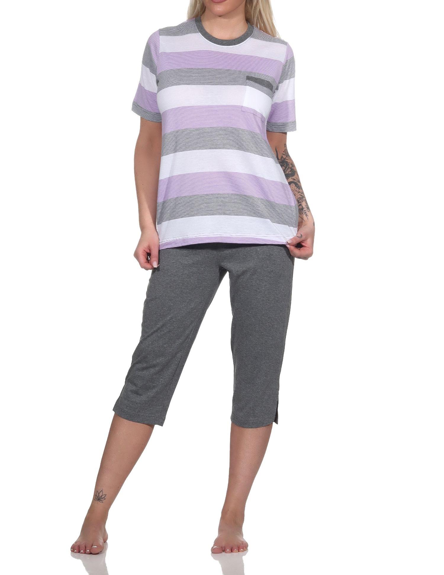Normann Damen Capri Schlafanzug kurzarm in Blockstreifenoptik - auch in Übergrössen