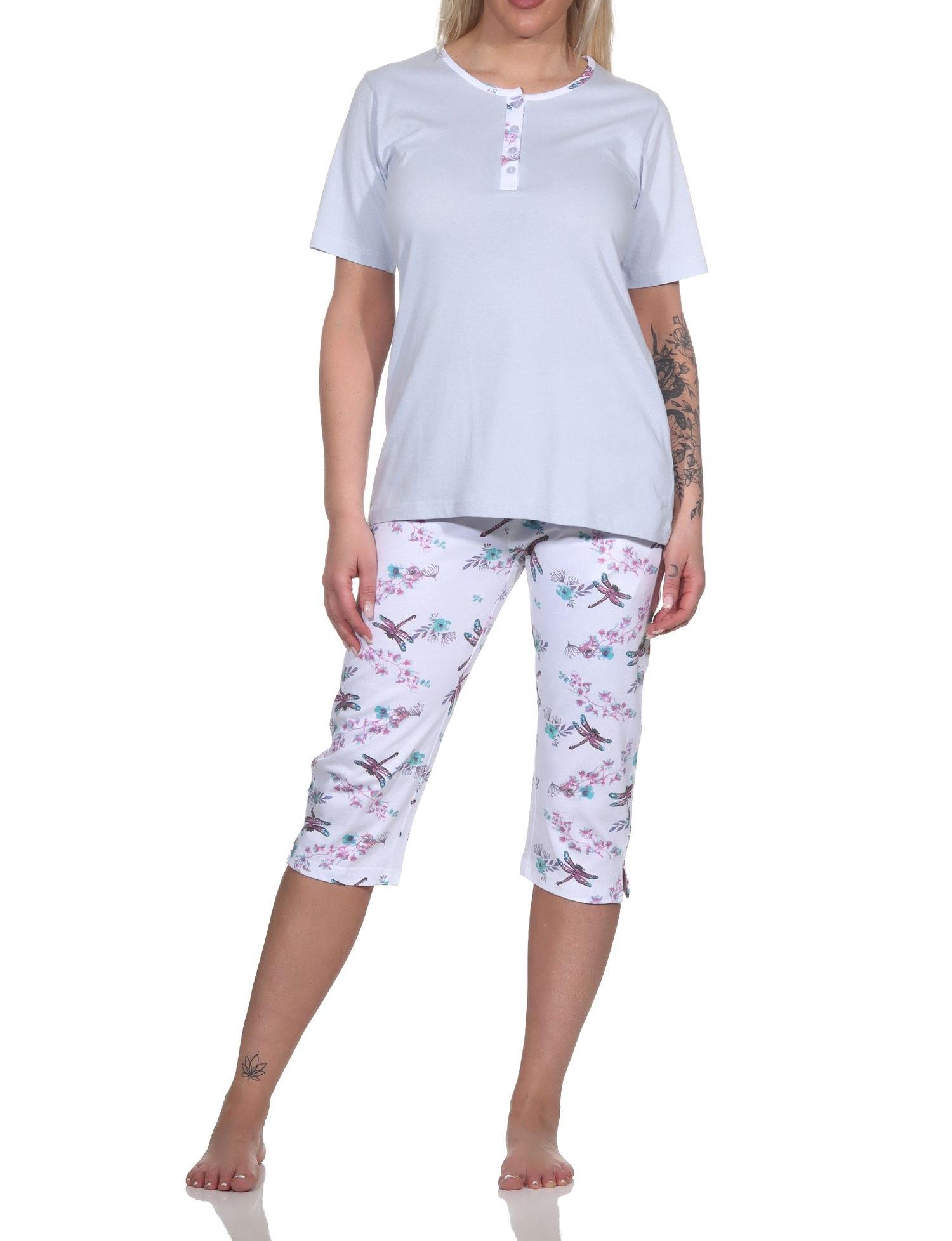 Normann Damen Schlafanzug kurzarm Pyjama mit Capri-Pyjamahose in floralem Alloverprint