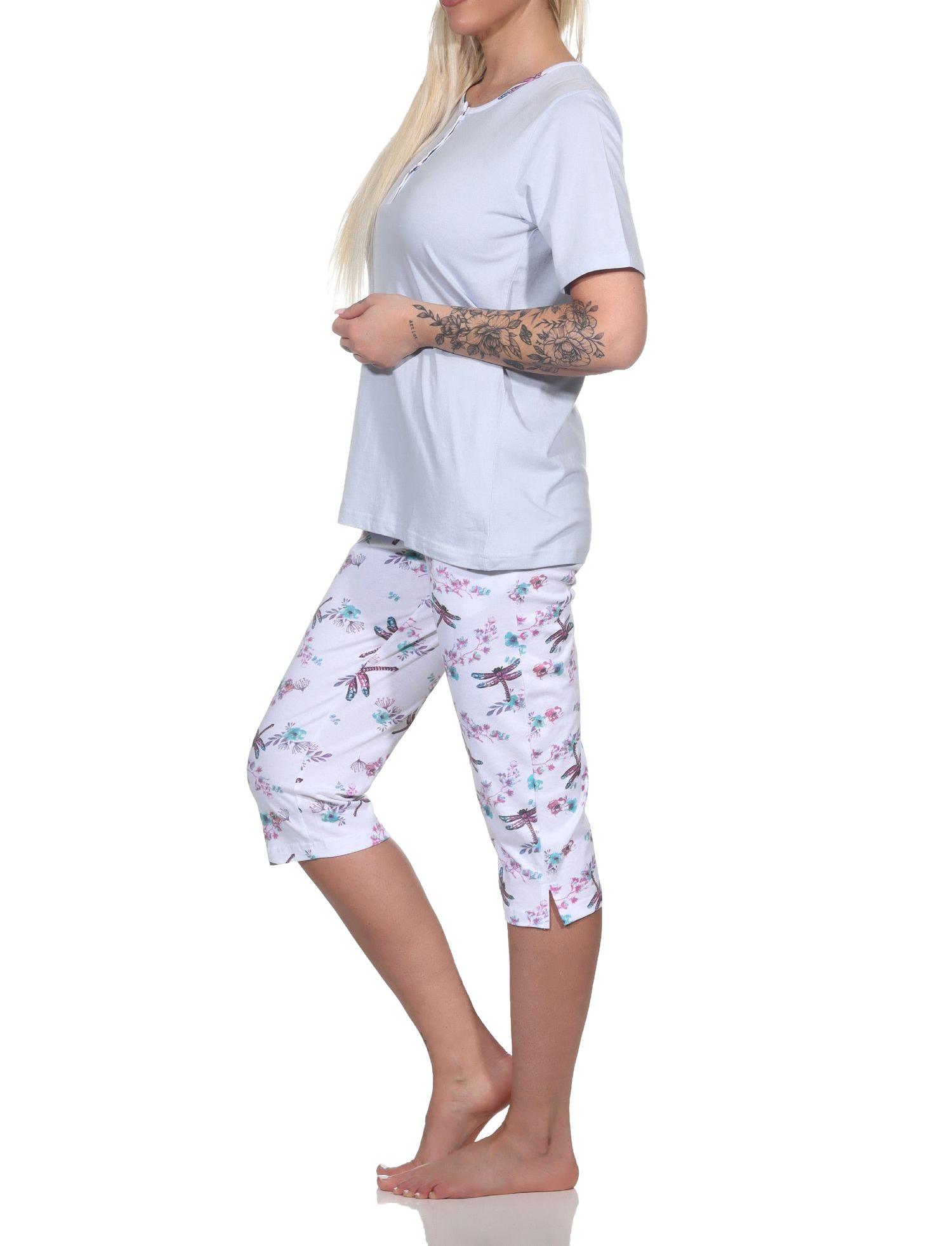 Normann Damen Schlafanzug kurzarm Pyjama mit Capri-Pyjamahose in floralem Alloverprint