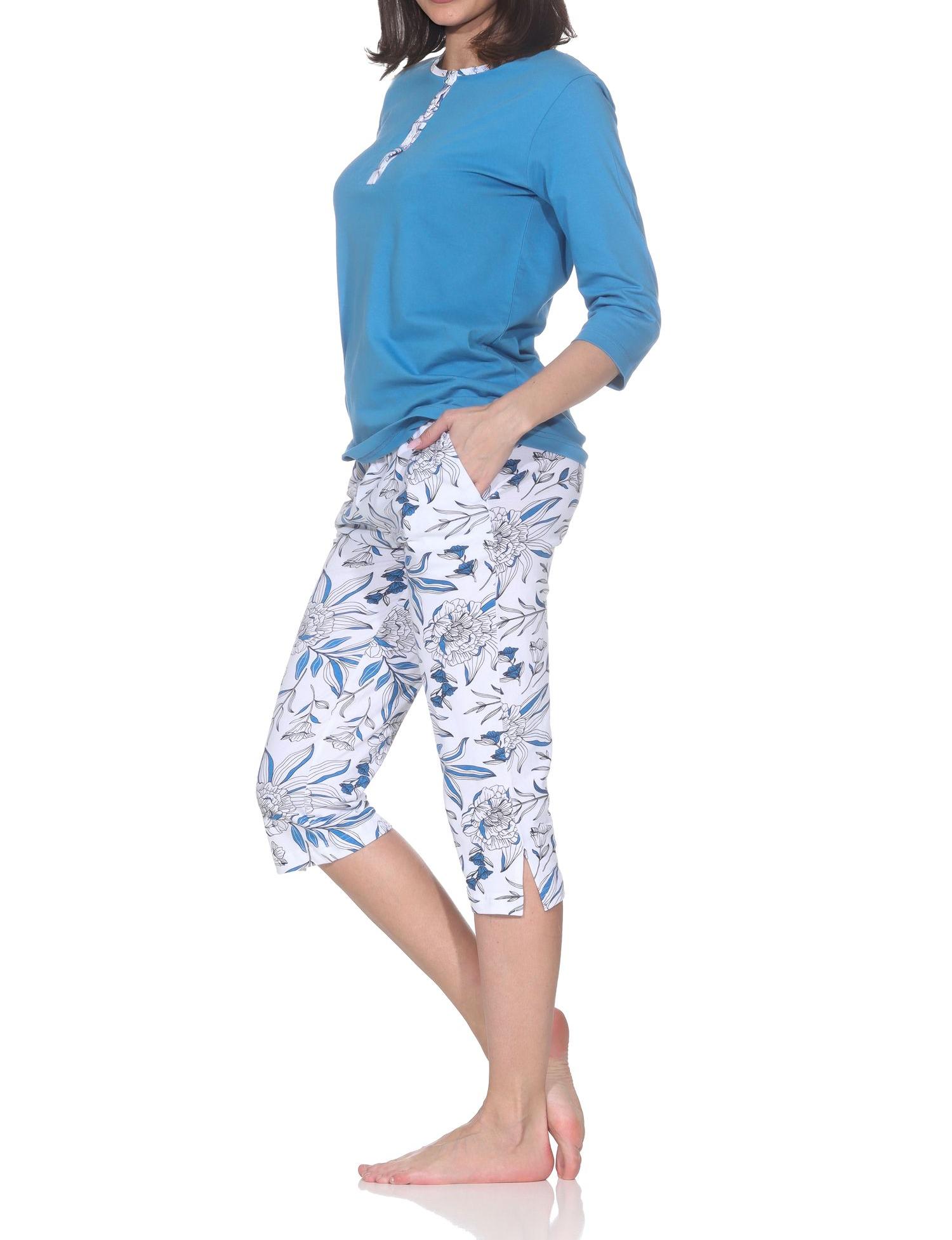 Wunderbarer Damen kurzarm Pyjama mit Caprihose in floralem Print - auch in Übergrössen