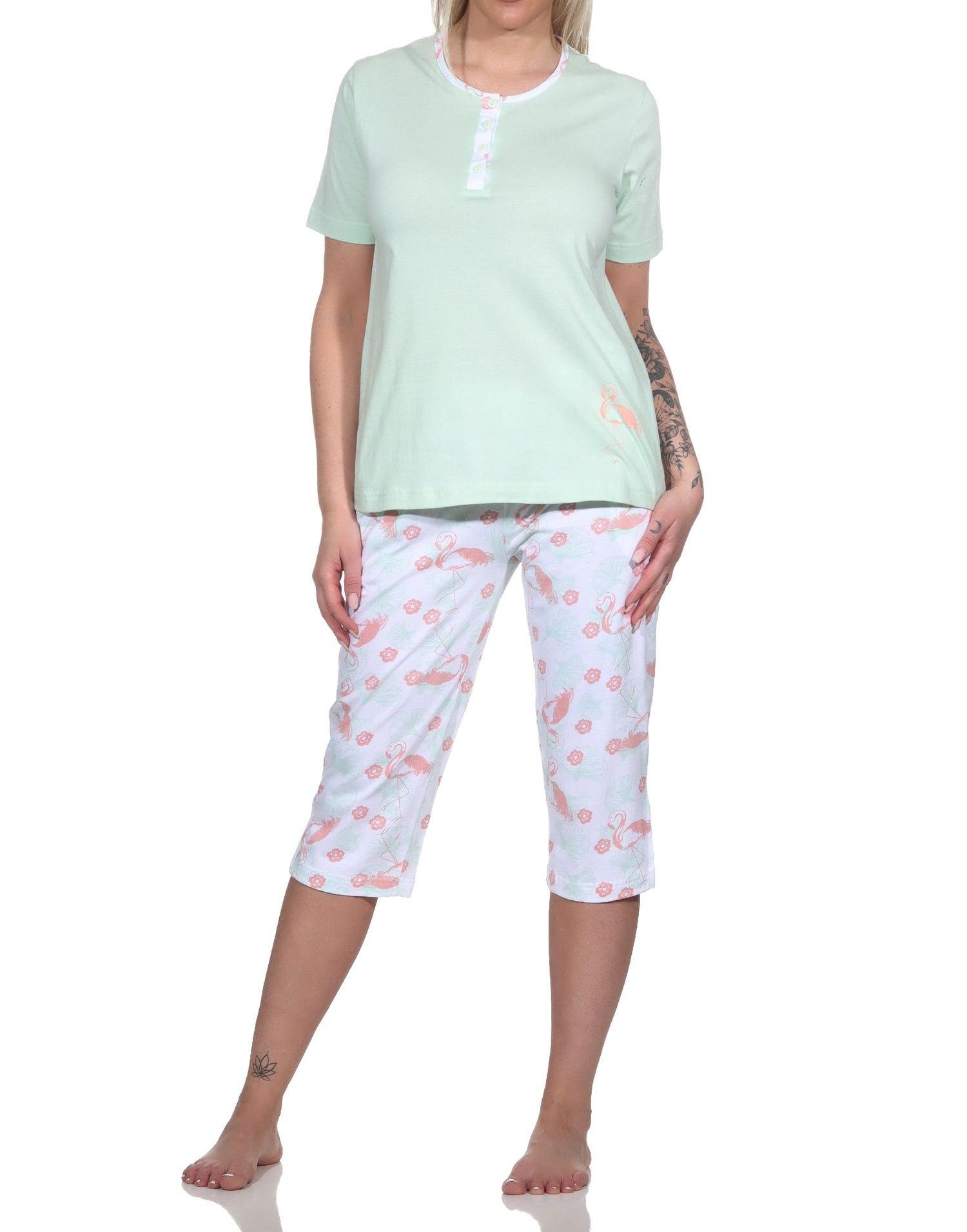 Normann Damen Capri Schlafanzug kurzarm Pyjama mit Flamingo Motiv und Knopfleiste am Hals