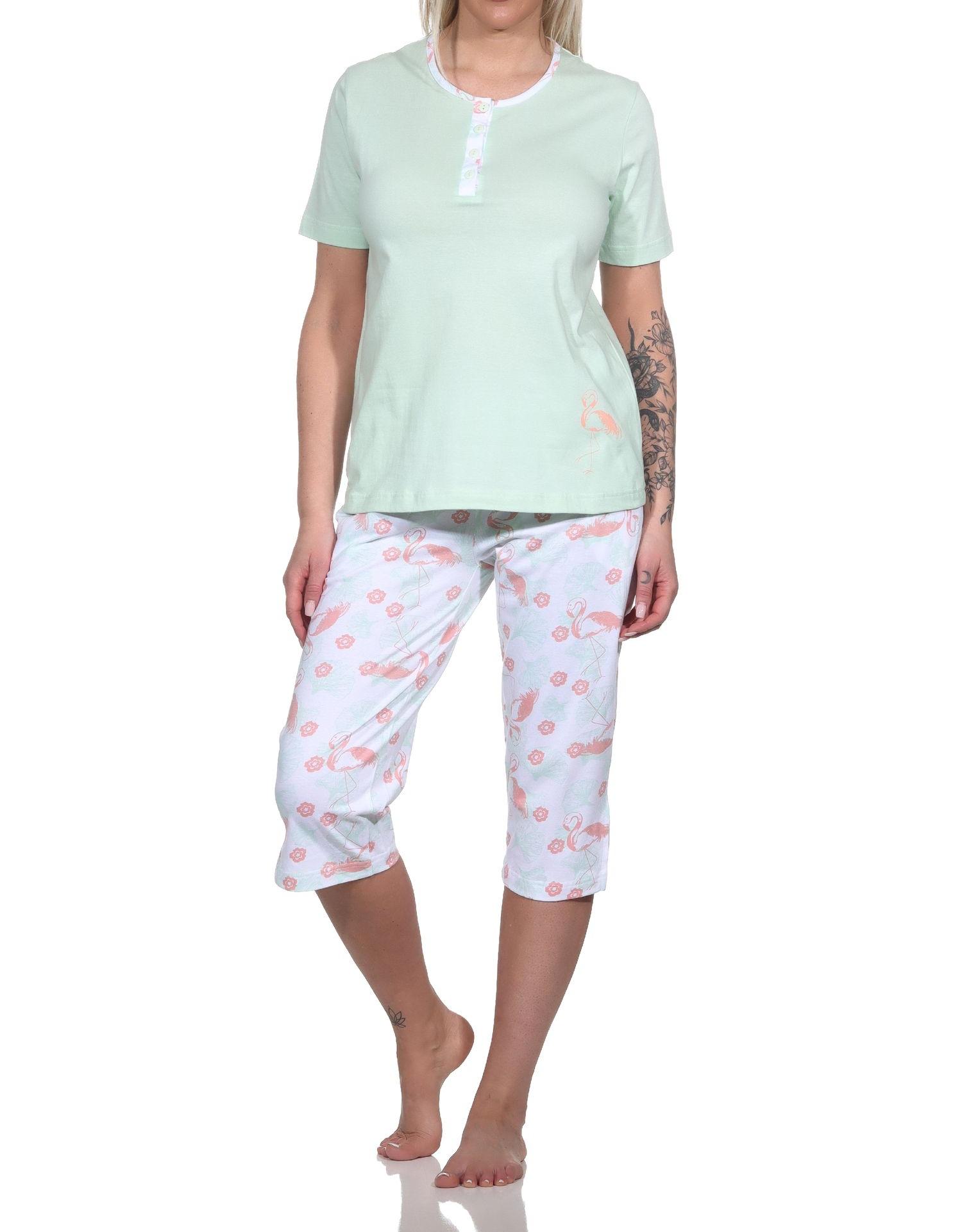 Normann Damen Capri Schlafanzug kurzarm Pyjama mit Flamingo Motiv und Knopfleiste am Hals