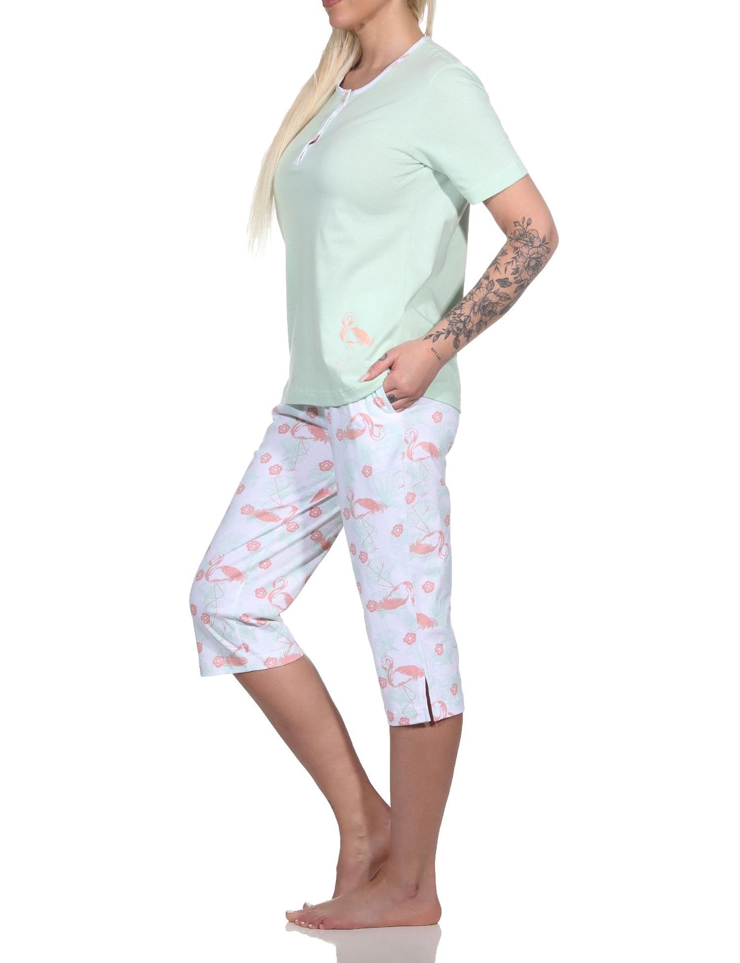 Normann Damen Capri Schlafanzug kurzarm Pyjama mit Flamingo Motiv und Knopfleiste am Hals