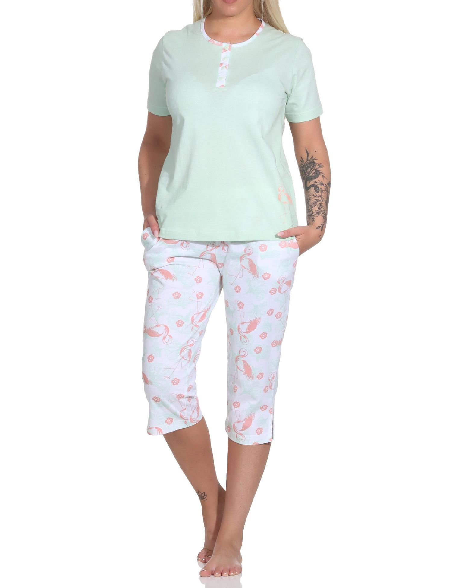Normann Damen Capri Schlafanzug kurzarm Pyjama mit Flamingo Motiv und Knopfleiste am Hals