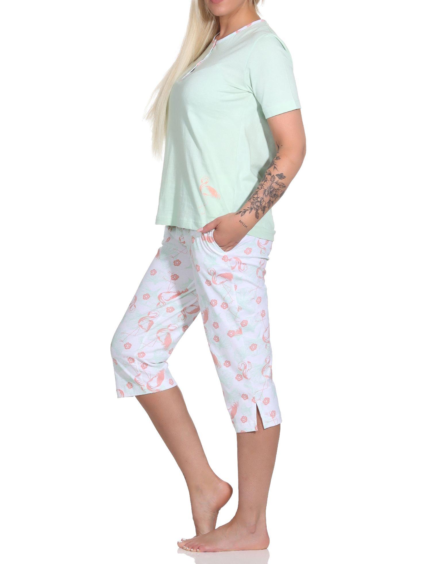 Normann Damen Capri Schlafanzug kurzarm Pyjama mit Flamingo Motiv und Knopfleiste am Hals