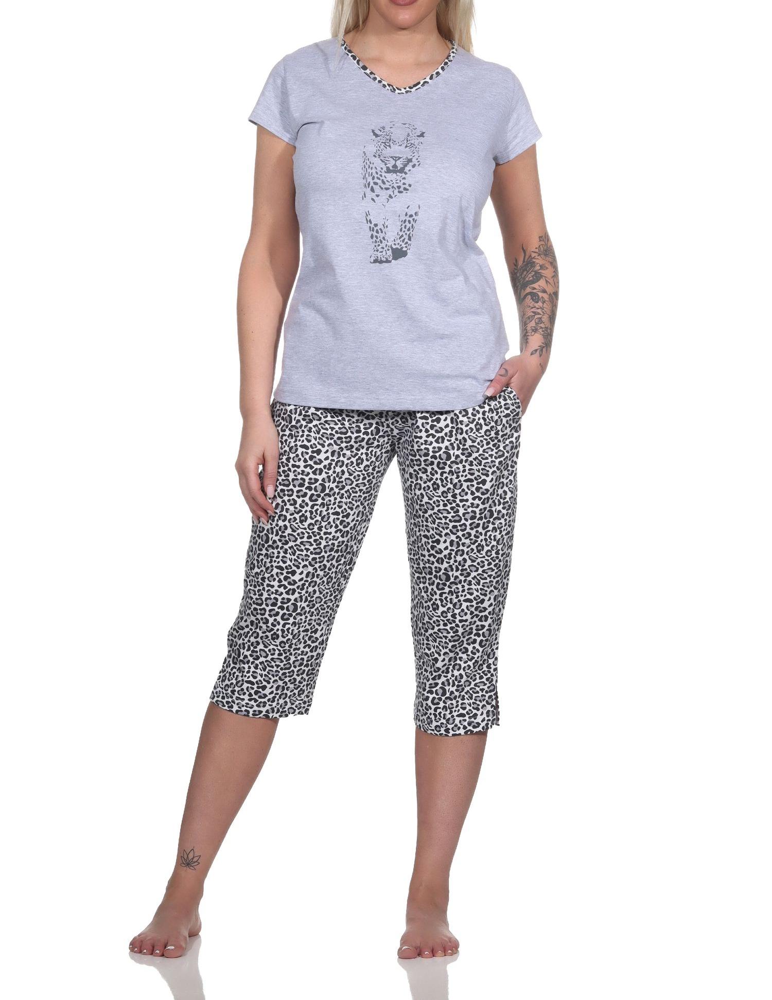 Normann Damen Kurzarm Pyjama Schlafanzug mit Tiermotiv und Caprihose im Animal-Print-Look