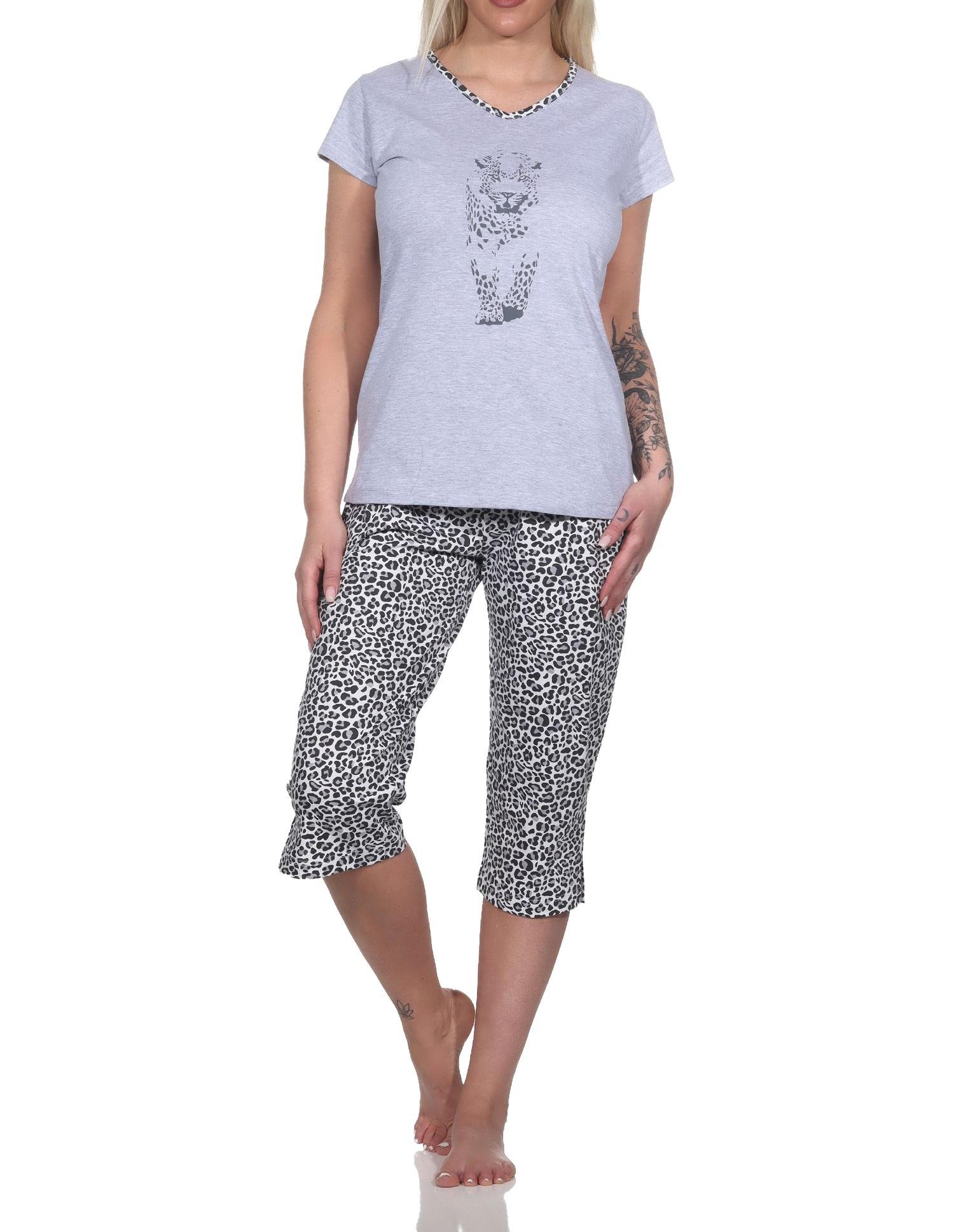Normann Damen Kurzarm Pyjama Schlafanzug mit Tiermotiv und Caprihose im Animal-Print-Look