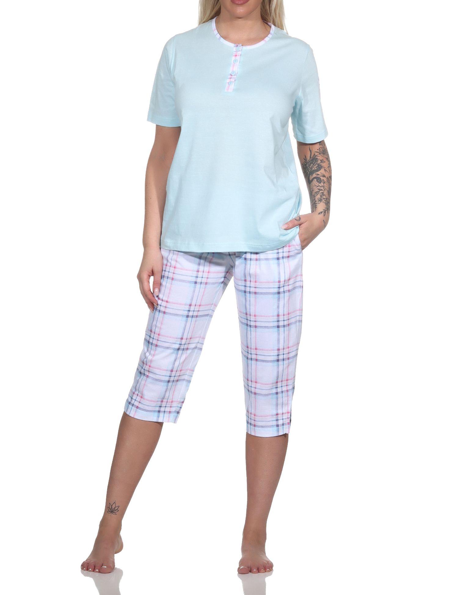 Edler Damen Schlafanzug kurzarm mit karierter Capri Hose aus Jersey - auch in Übergrössen
