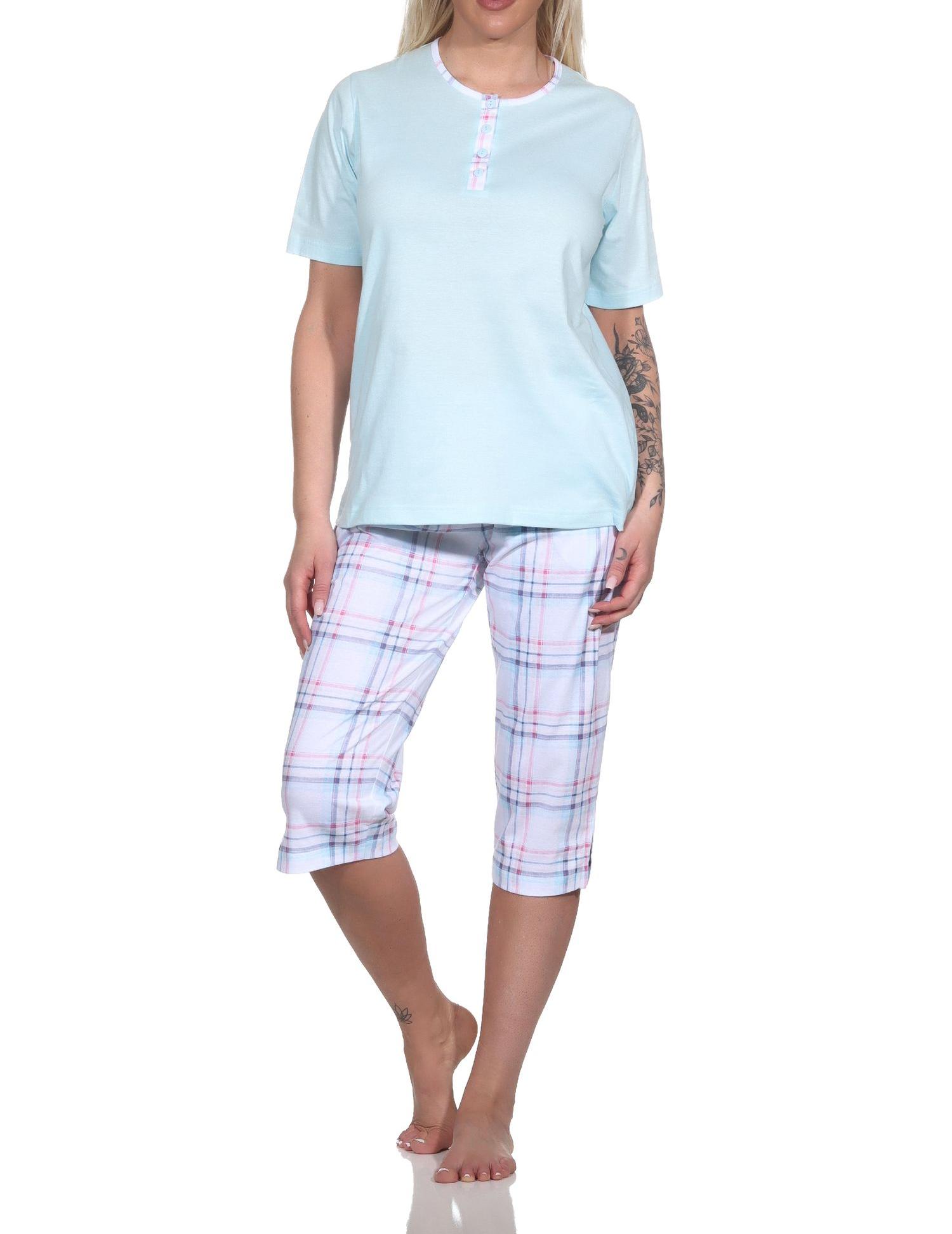 Edler Damen Schlafanzug kurzarm mit karierter Capri Hose aus Jersey - auch in Übergrössen