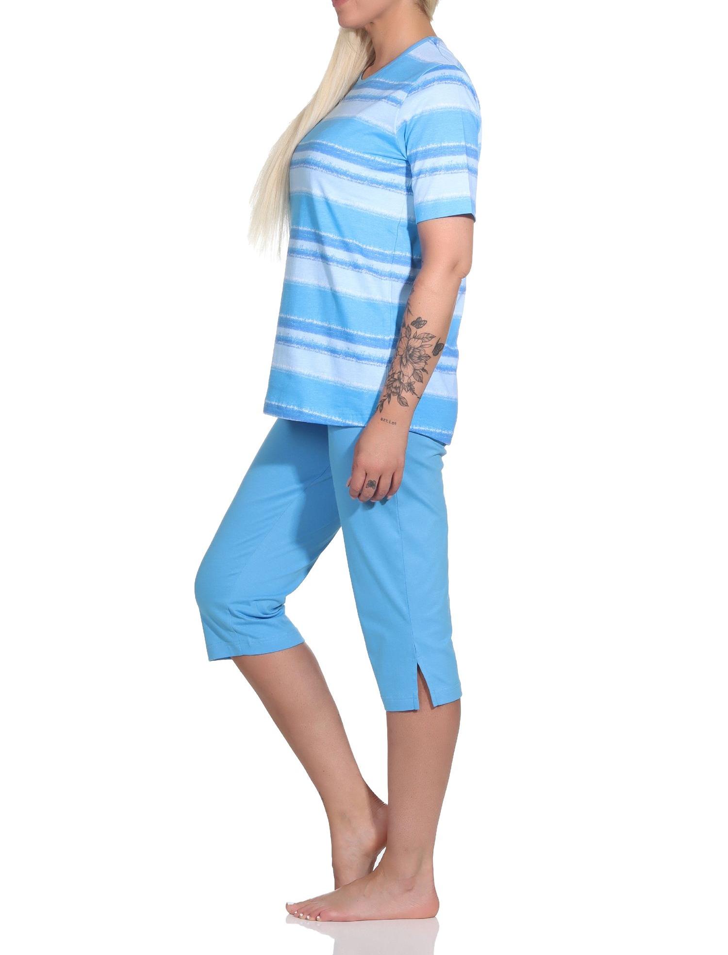 Normann Damen Capri Schlafanzug kurzarm Pyjama im farbenfrohen Streifen Look