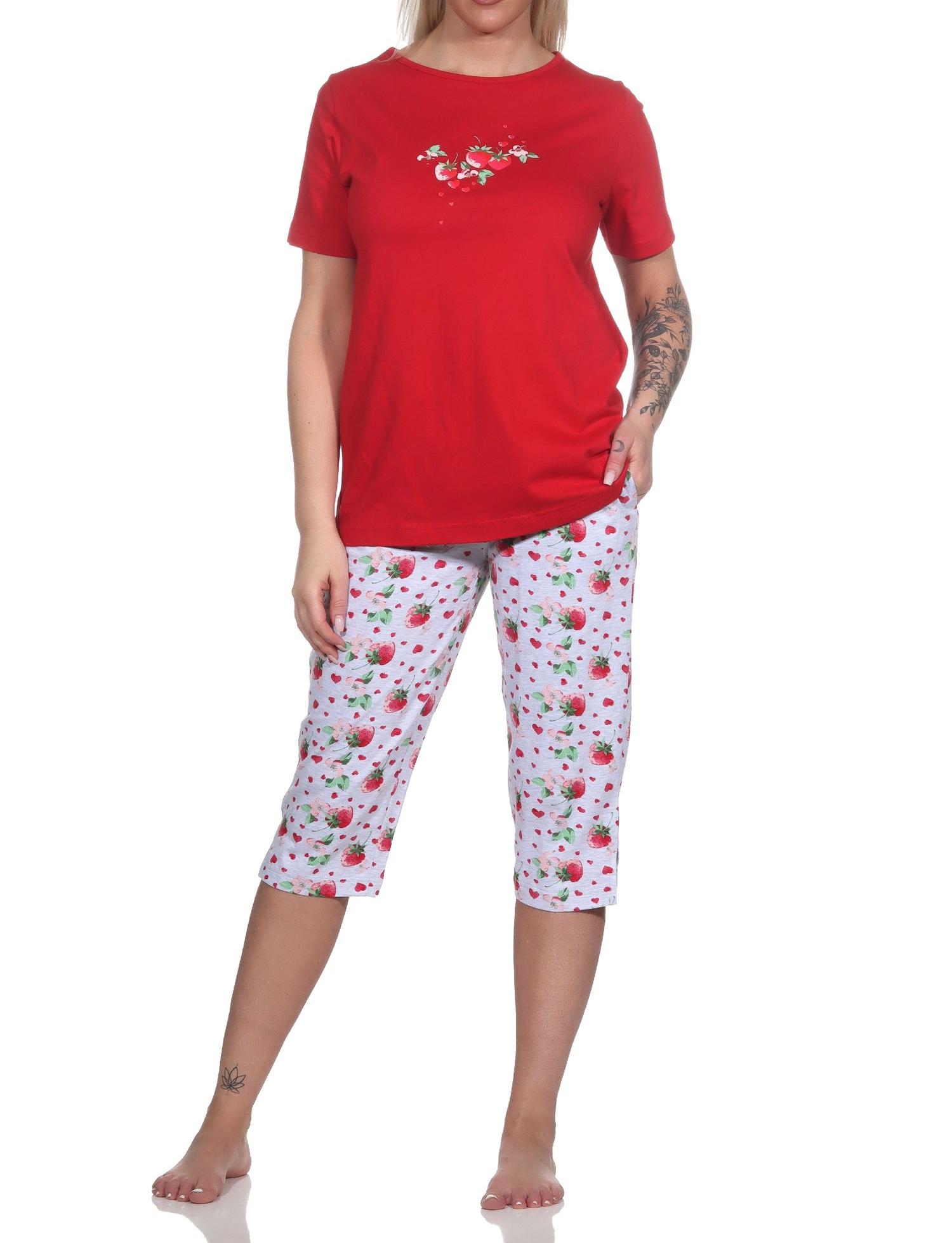 Süsser Normann kurzarm Damen Capri Schlafanzug Pyjama mit Erdbeeren als Motiv