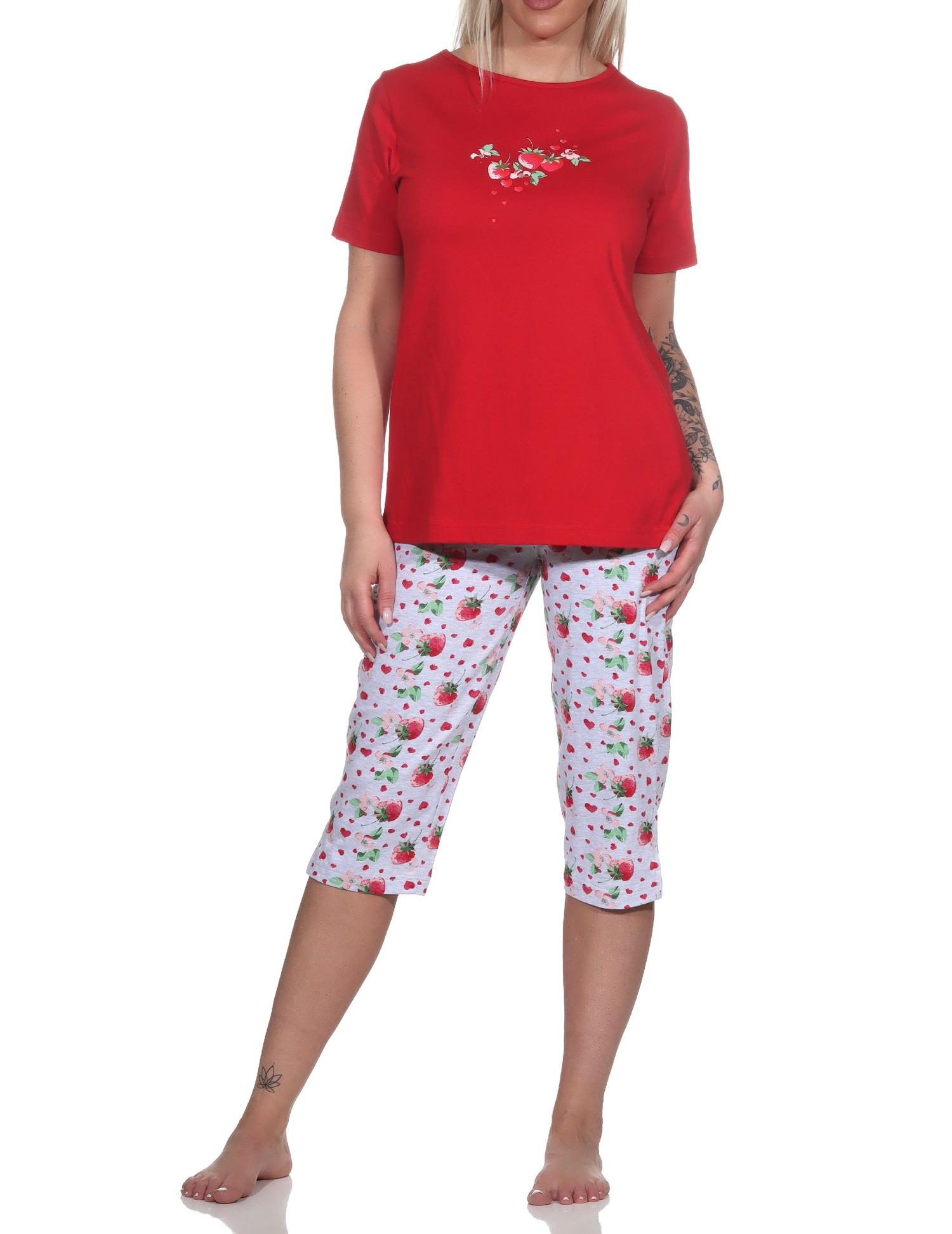 Süsser Normann kurzarm Damen Capri Schlafanzug Pyjama mit Erdbeeren als Motiv