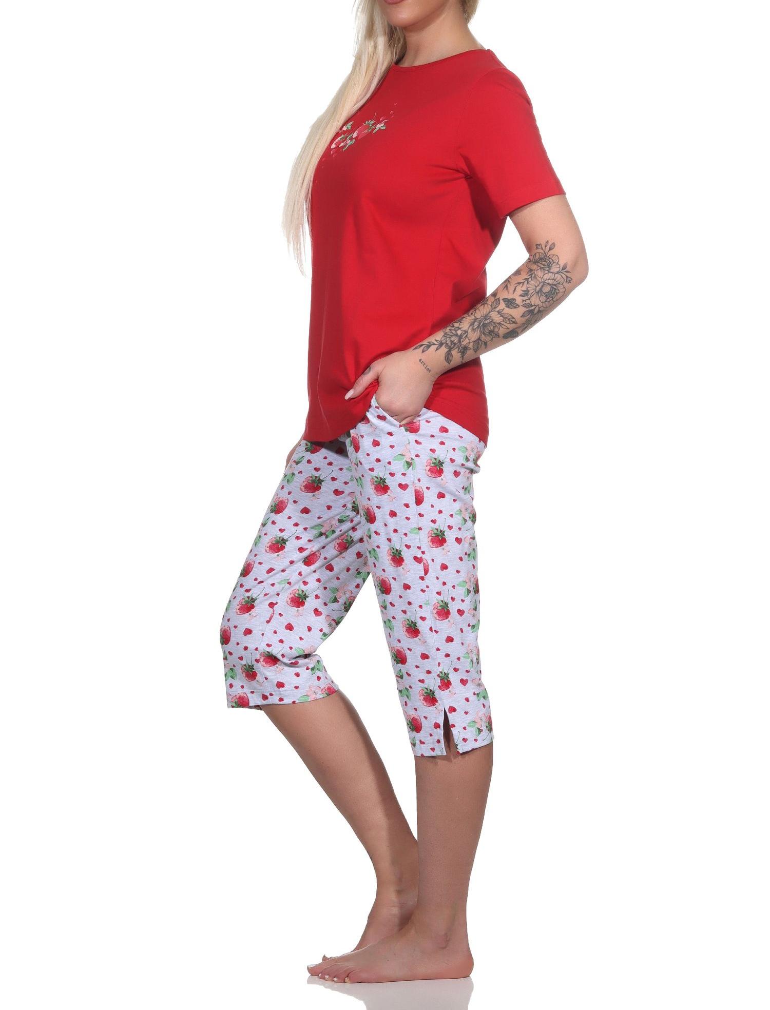 Süsser Normann kurzarm Damen Capri Schlafanzug Pyjama mit Erdbeeren als Motiv