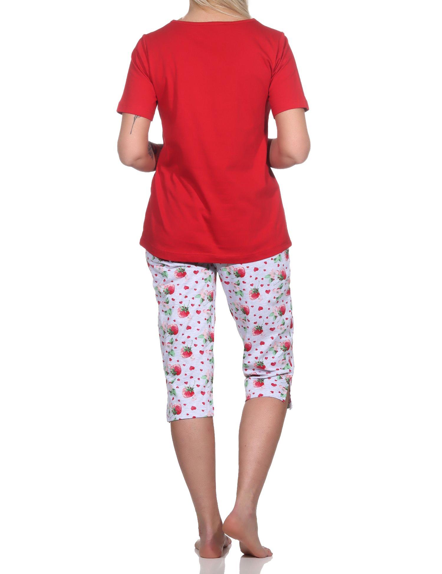 Süsser Normann kurzarm Damen Capri Schlafanzug Pyjama mit Erdbeeren als Motiv