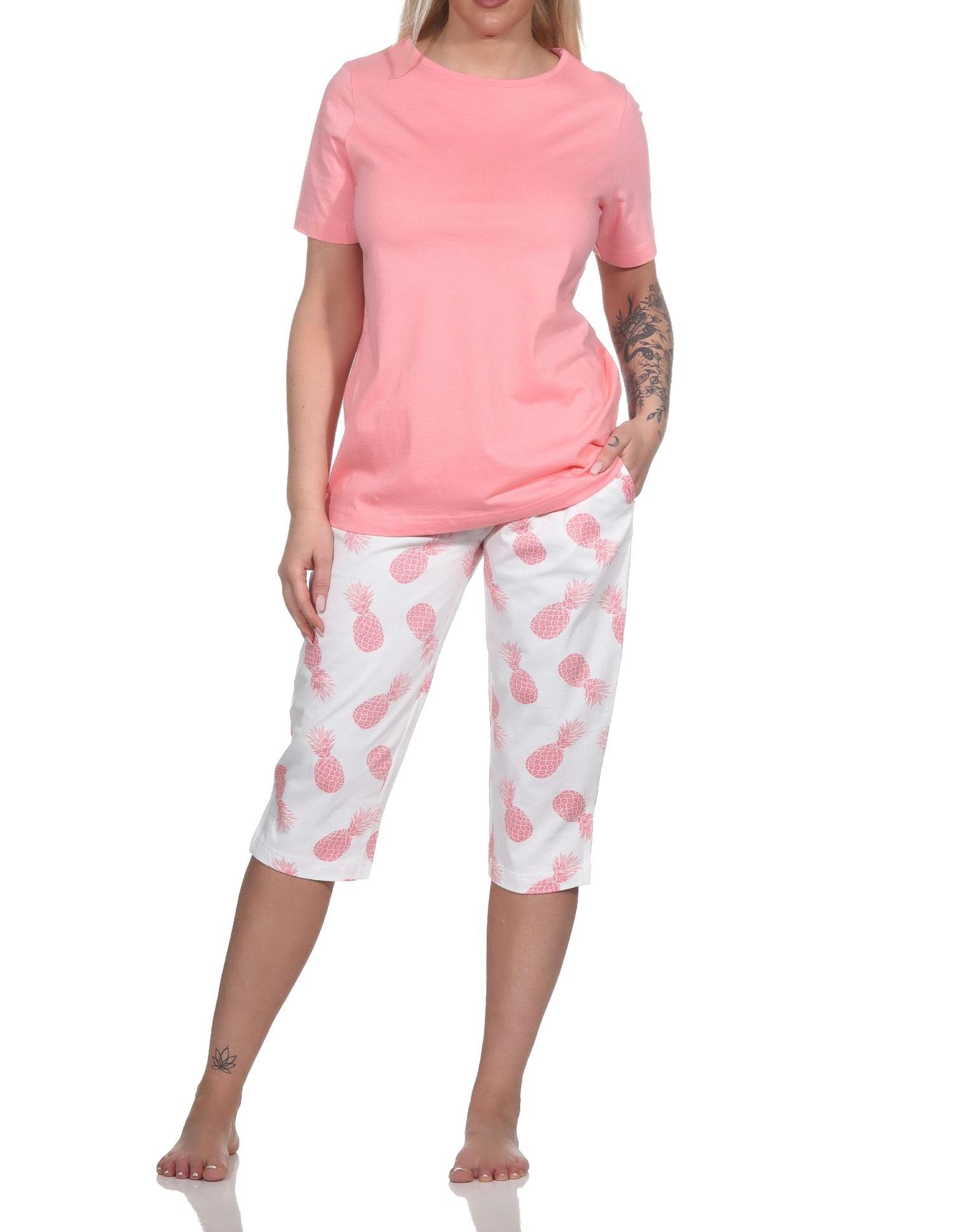 Normann Damen Kurzarm Pyjama Schlafanzug mit Caprihose Homewear und Ananas als Motiv