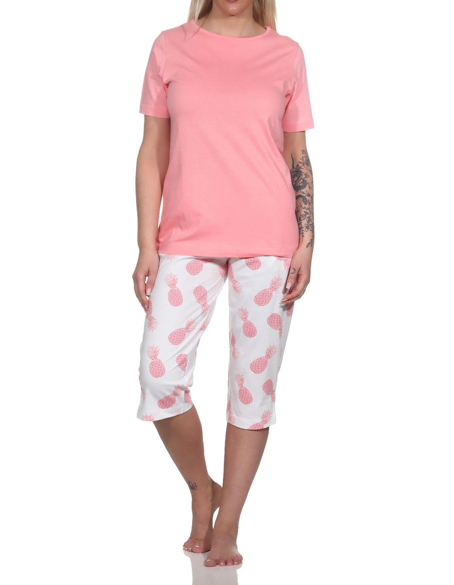 Normann Damen Kurzarm Pyjama Schlafanzug mit Caprihose Homewear und Ananas als Motiv