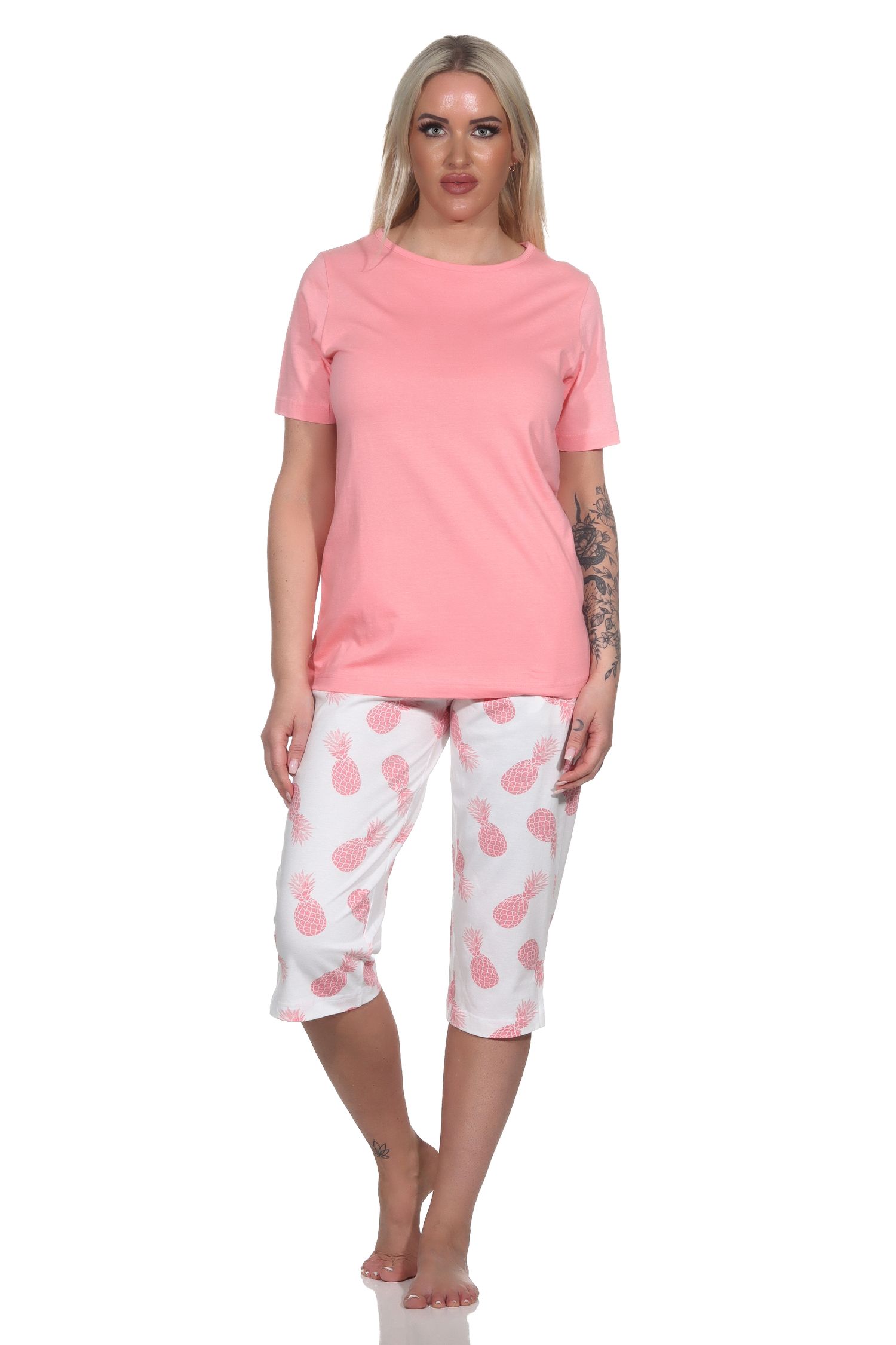 Normann Damen Kurzarm Pyjama Schlafanzug mit Caprihose Homewear und Ananas als Motiv