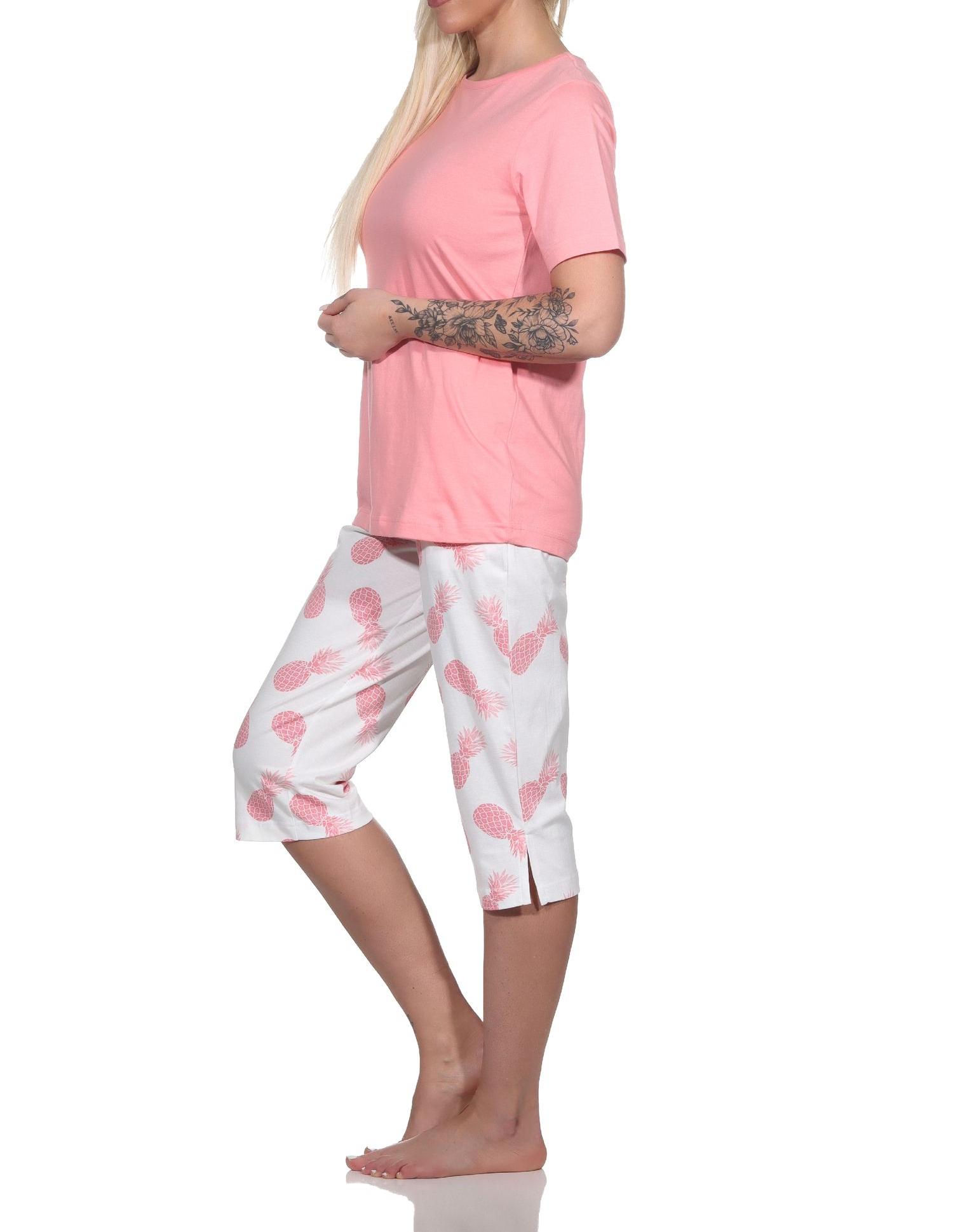 Normann Damen Kurzarm Pyjama Schlafanzug mit Caprihose Homewear und Ananas als Motiv