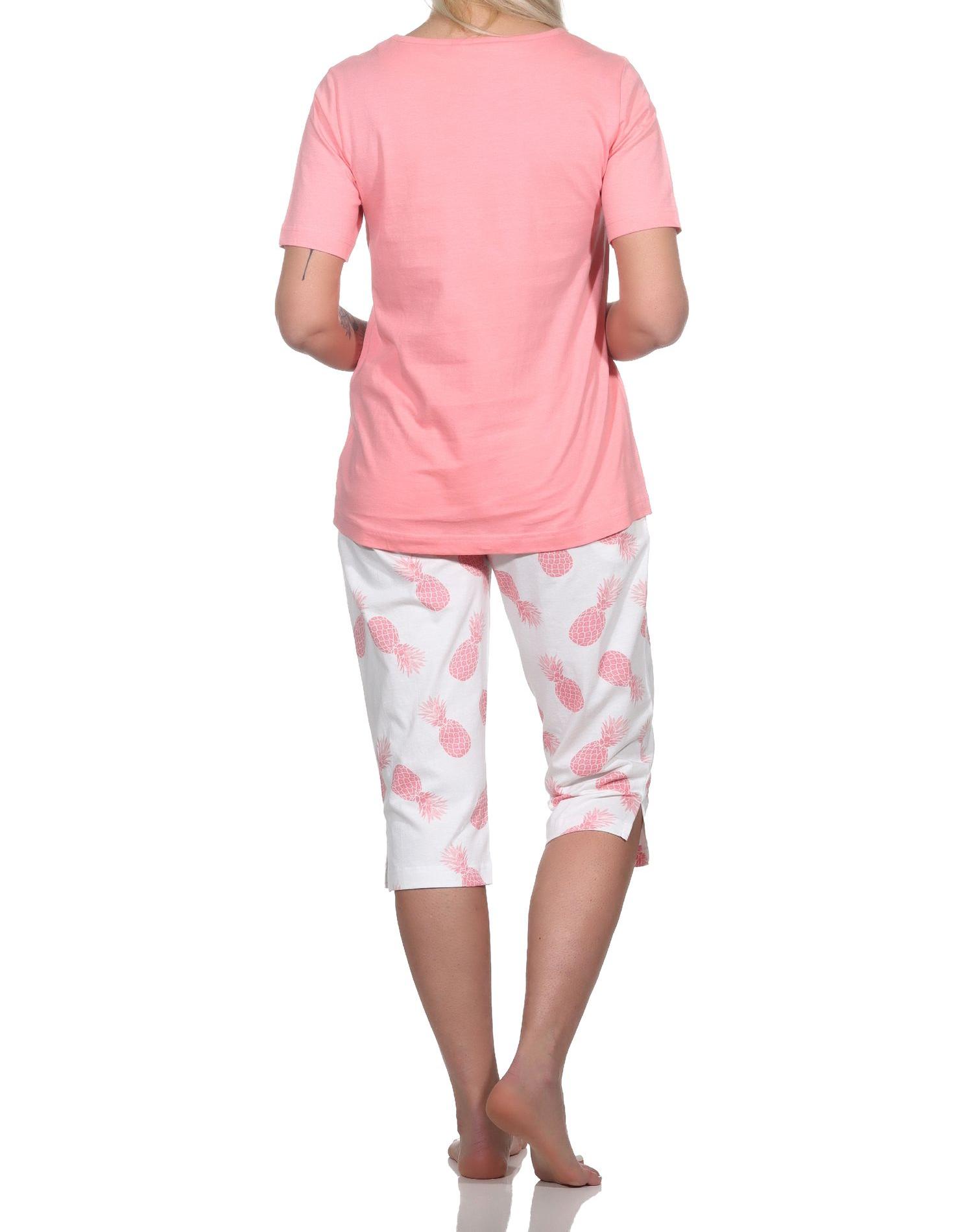Normann Damen Kurzarm Pyjama Schlafanzug mit Caprihose Homewear und Ananas als Motiv