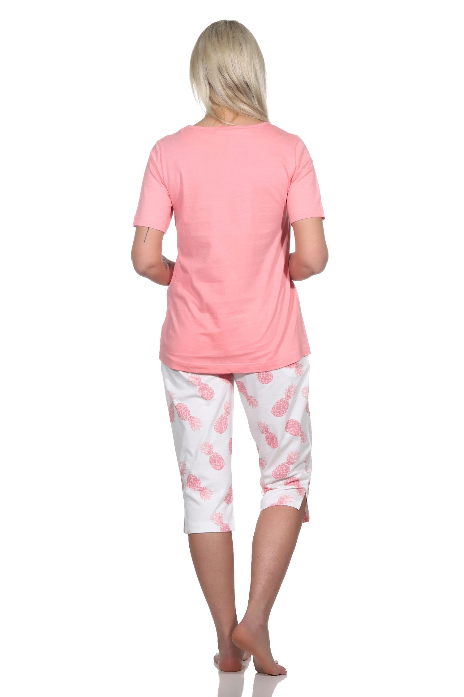 Normann Damen Kurzarm Pyjama Schlafanzug mit Caprihose Homewear und Ananas als Motiv