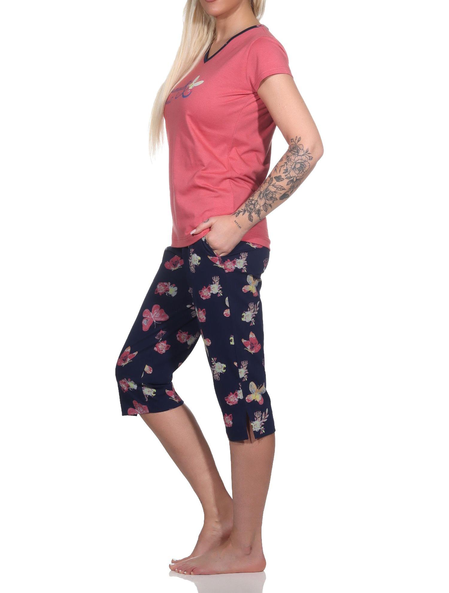 Normann Damen kurzarm Capri Schlafanzug mit Schmetterling als Motiv - auch in Übergrössen
