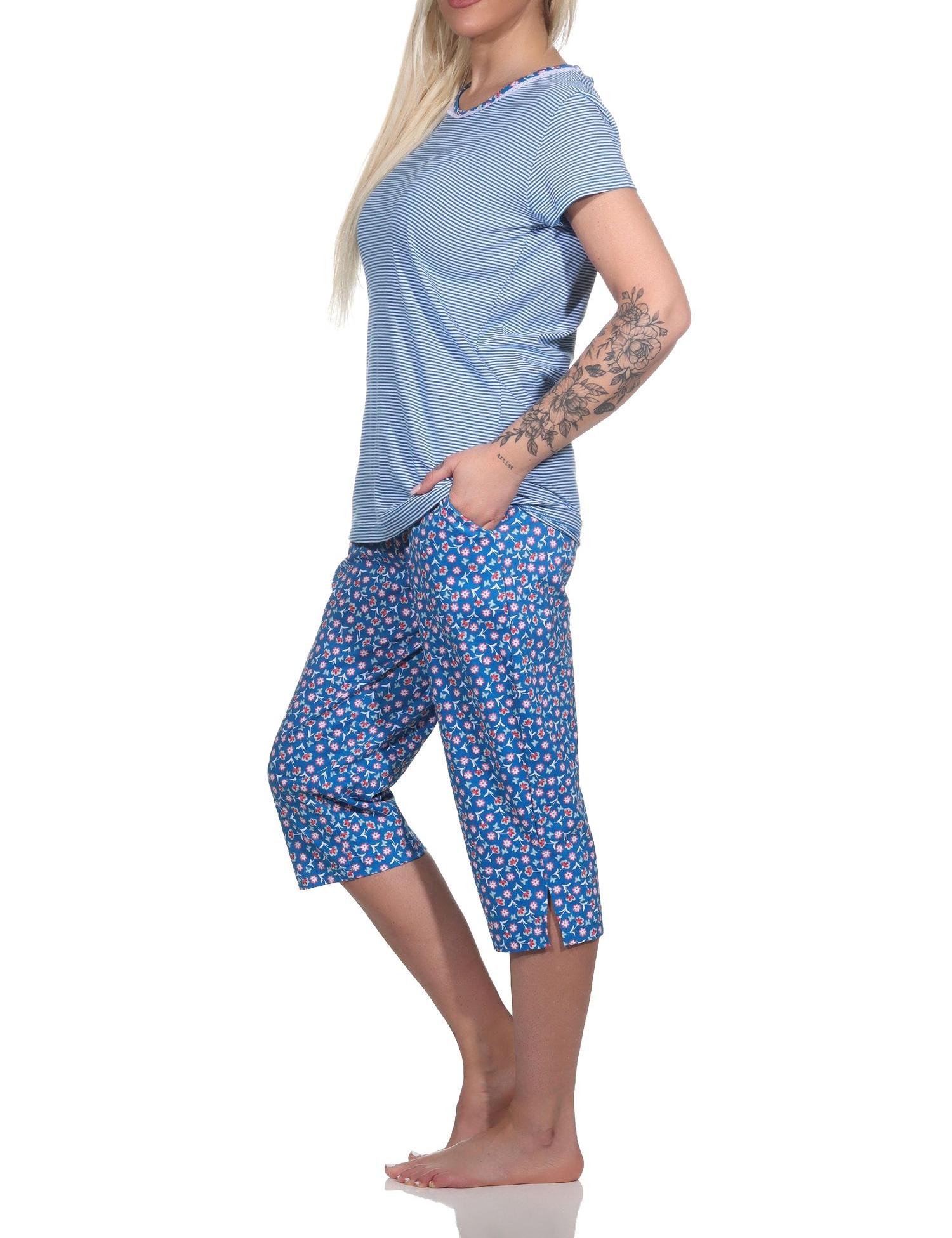 Normann Damen Kurzarm Schlafanzug mit Caprihose, Oberteil gestreift, Hose floral bedruckt