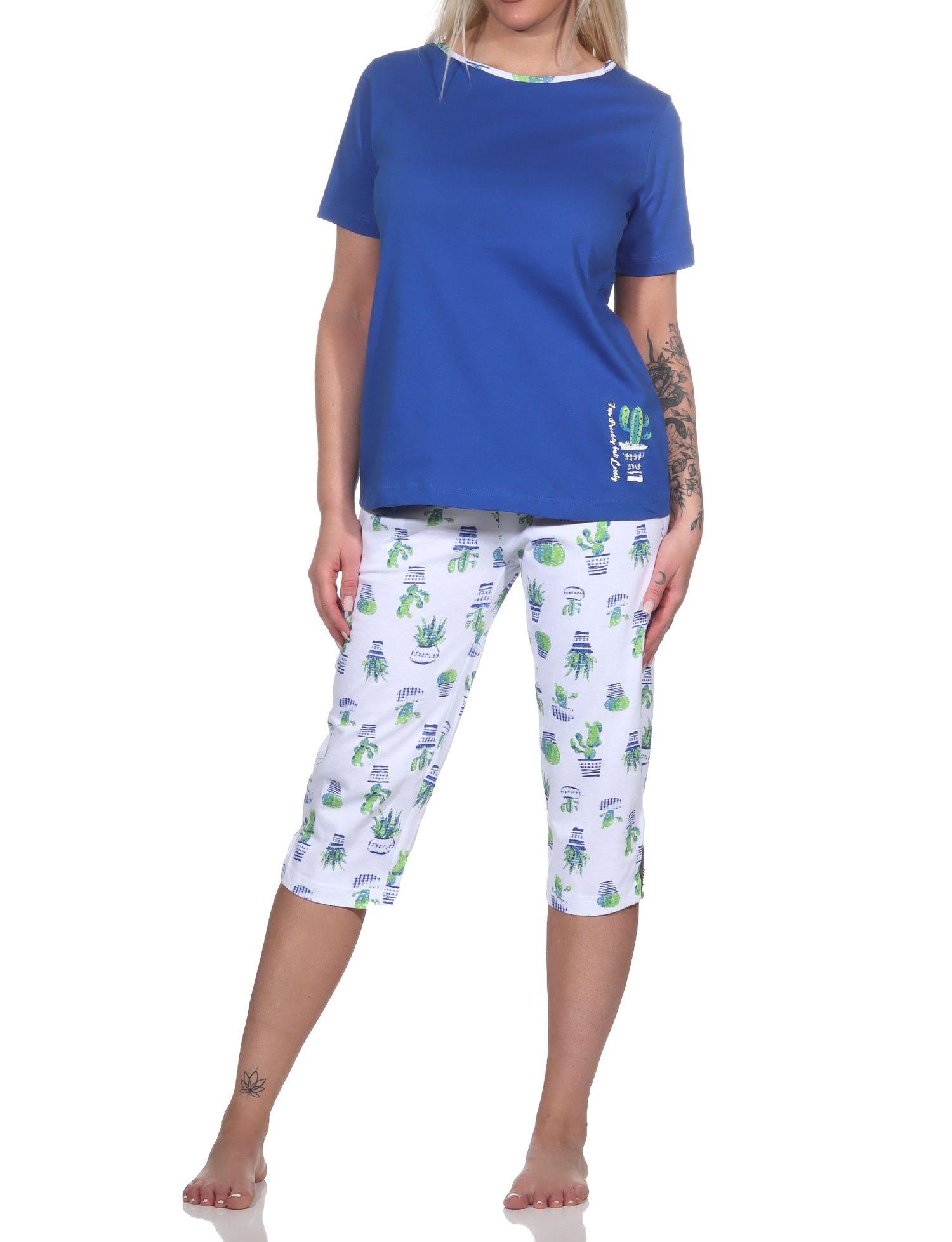 Normann Damen Kurzarm Schlafanzug mit Kaktus als Motiv, Caprihose allover bedruckt
