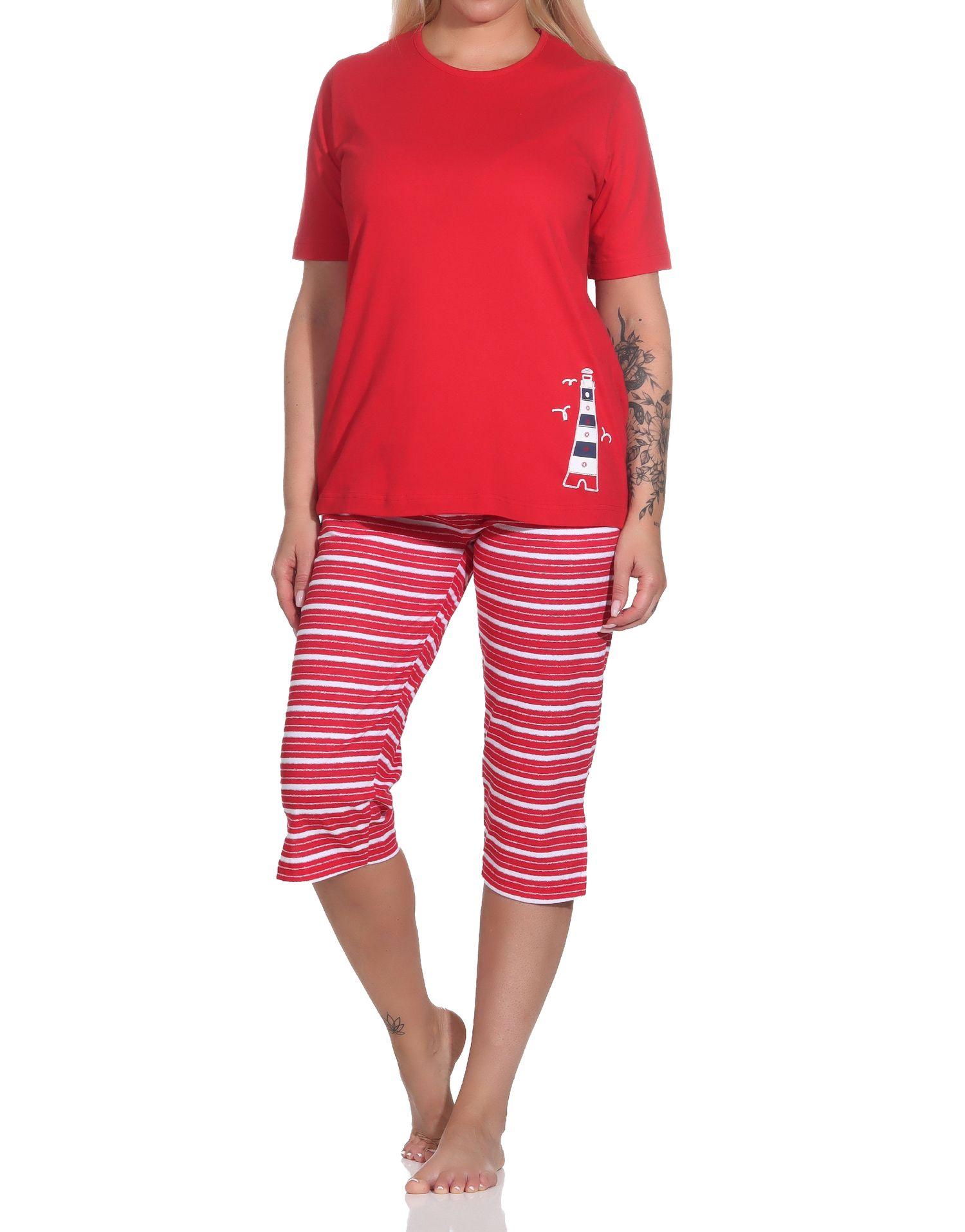 Maritimer Damen kurzarm Capri Schlafanzug mit Leuchtturm als Motiv - auch in Übergrössen Maritimer Damen kurzarm Capri Schlafanzug mit Leuchtturm als Motiv - auch in Übergrössen