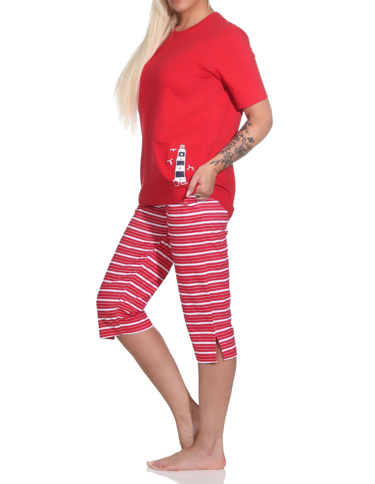 Maritimer Damen kurzarm Capri Schlafanzug mit Leuchtturm als Motiv - auch in Übergrössen