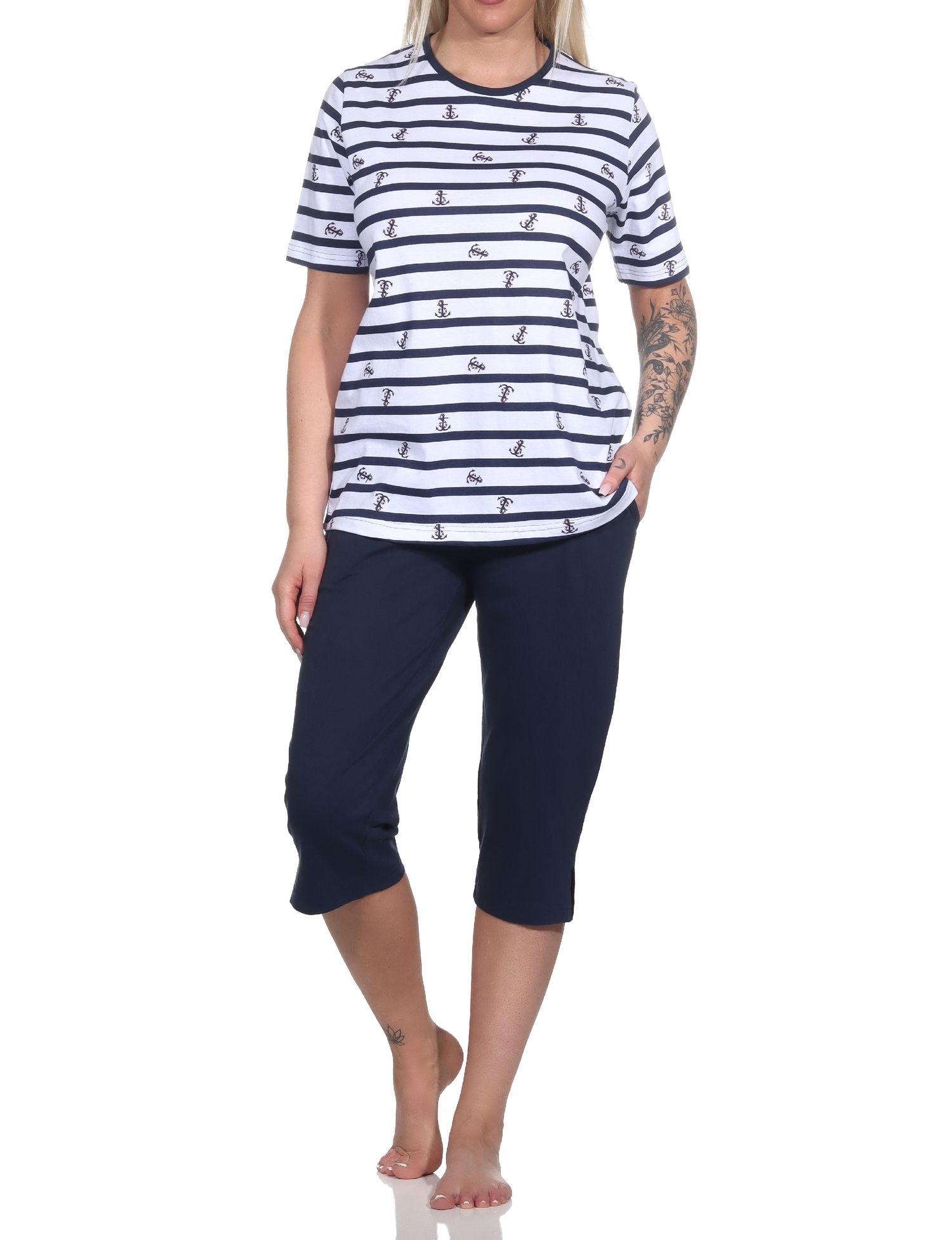 Normann Damen kurzarm Schlafanzug mit Caprihose in maritimer Optik - auch in Übergrössen