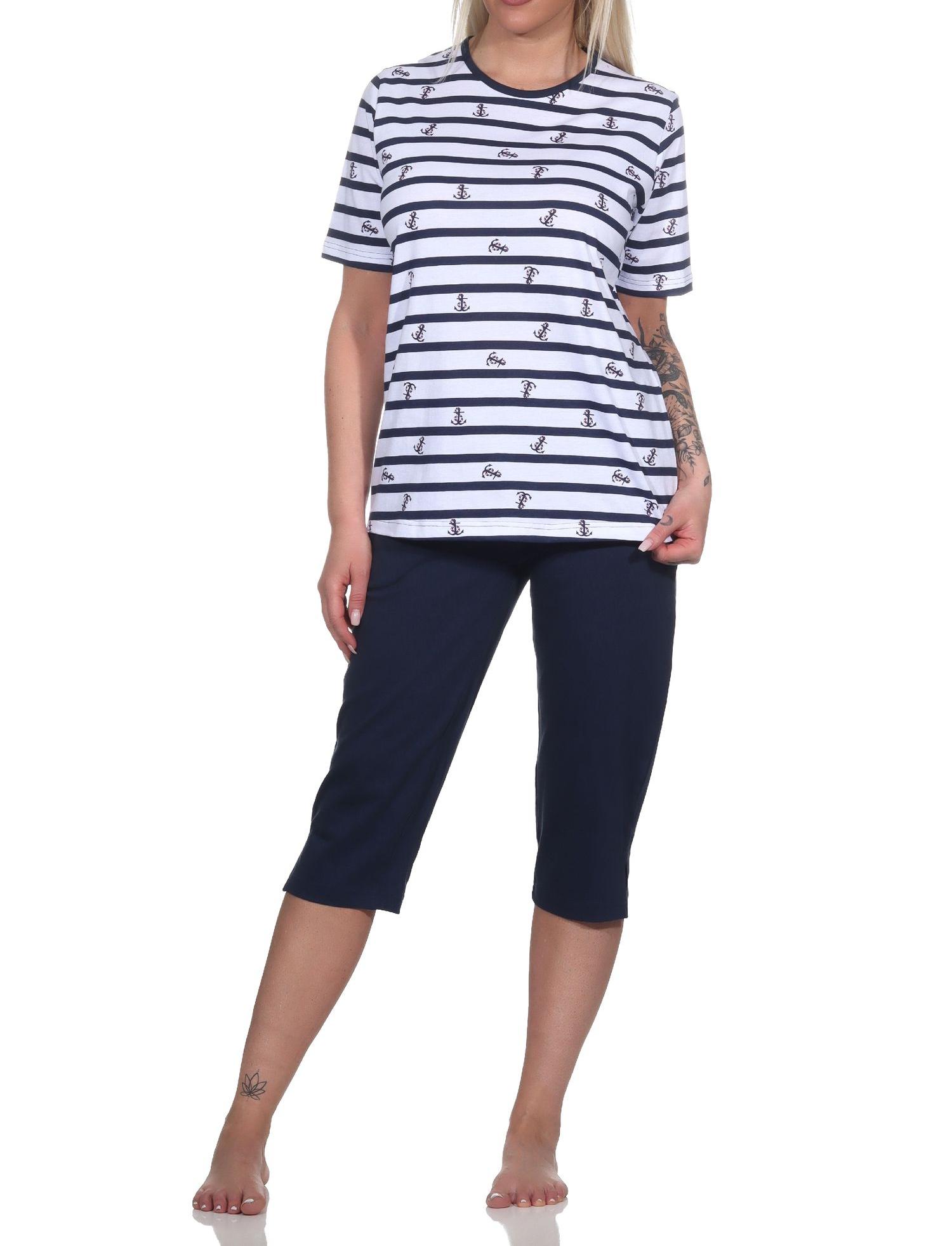 Normann Damen kurzarm Schlafanzug mit Caprihose in maritimer Optik - auch in Übergrössen