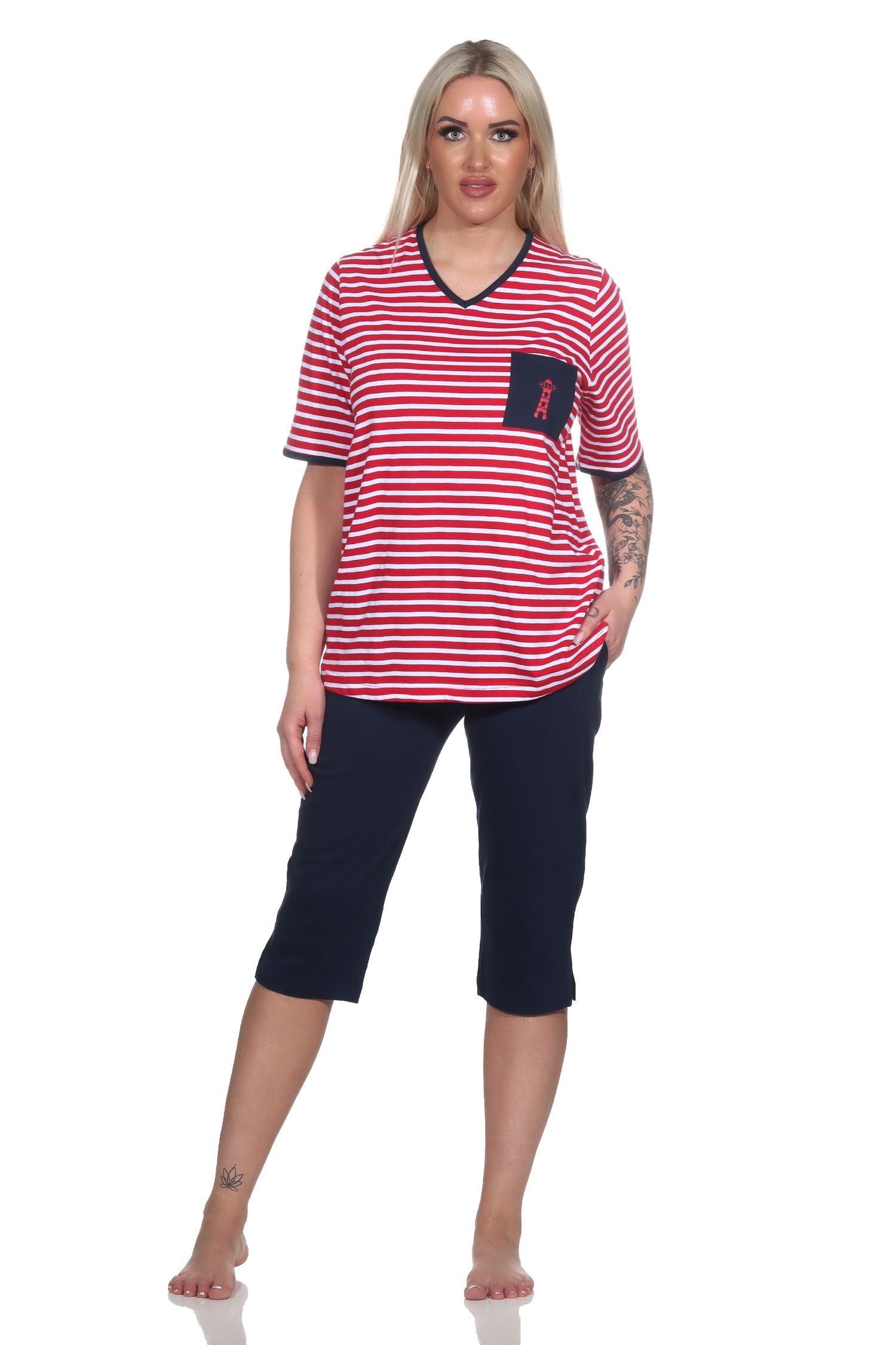 Damen Kurzarm Capri Pyjama in maritimer Optik und Leuchtturm Motiv – auch in Übergrössen