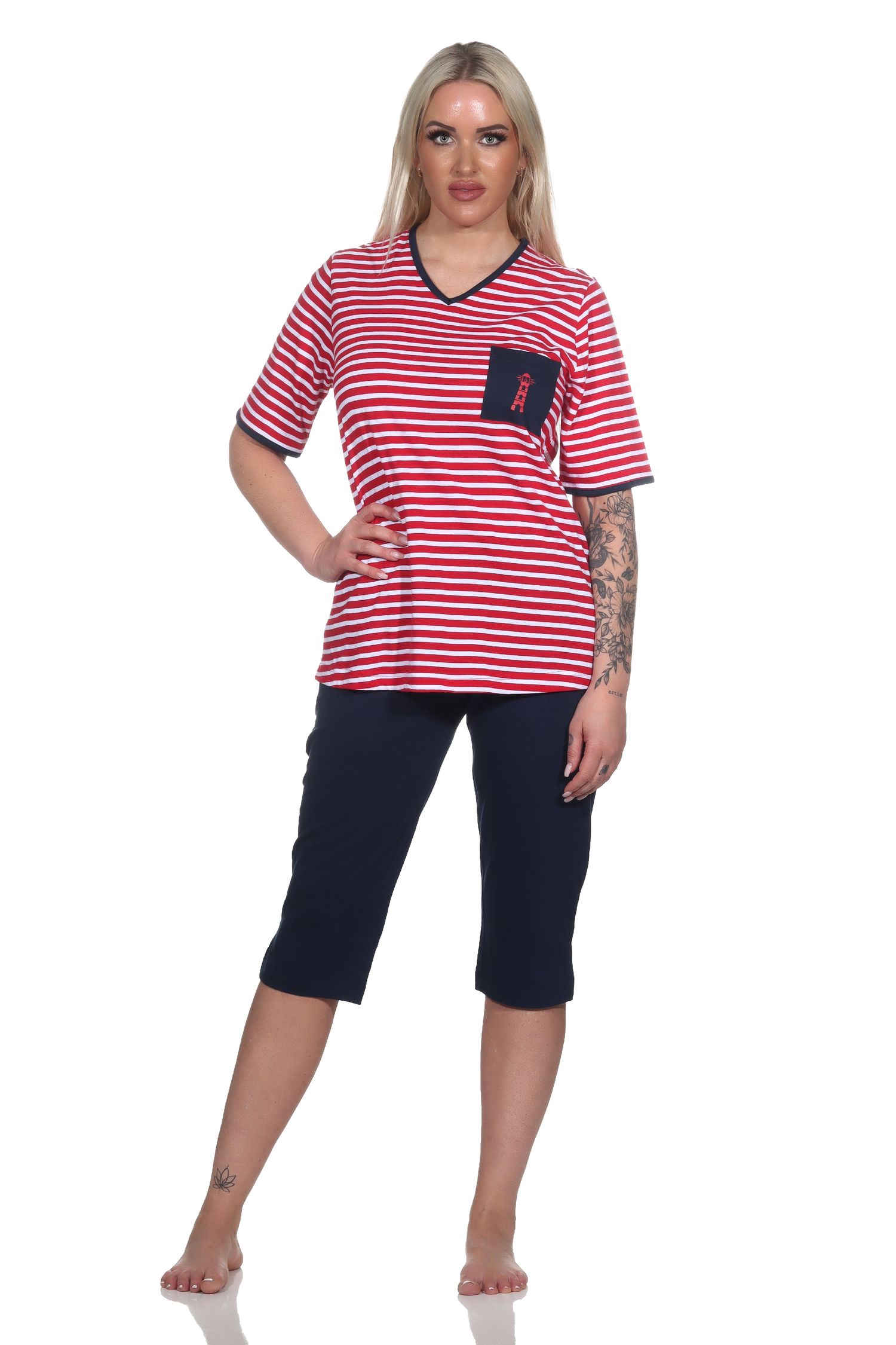 Damen Kurzarm Capri Pyjama in maritimer Optik und Leuchtturm Motiv – auch in Übergrössen