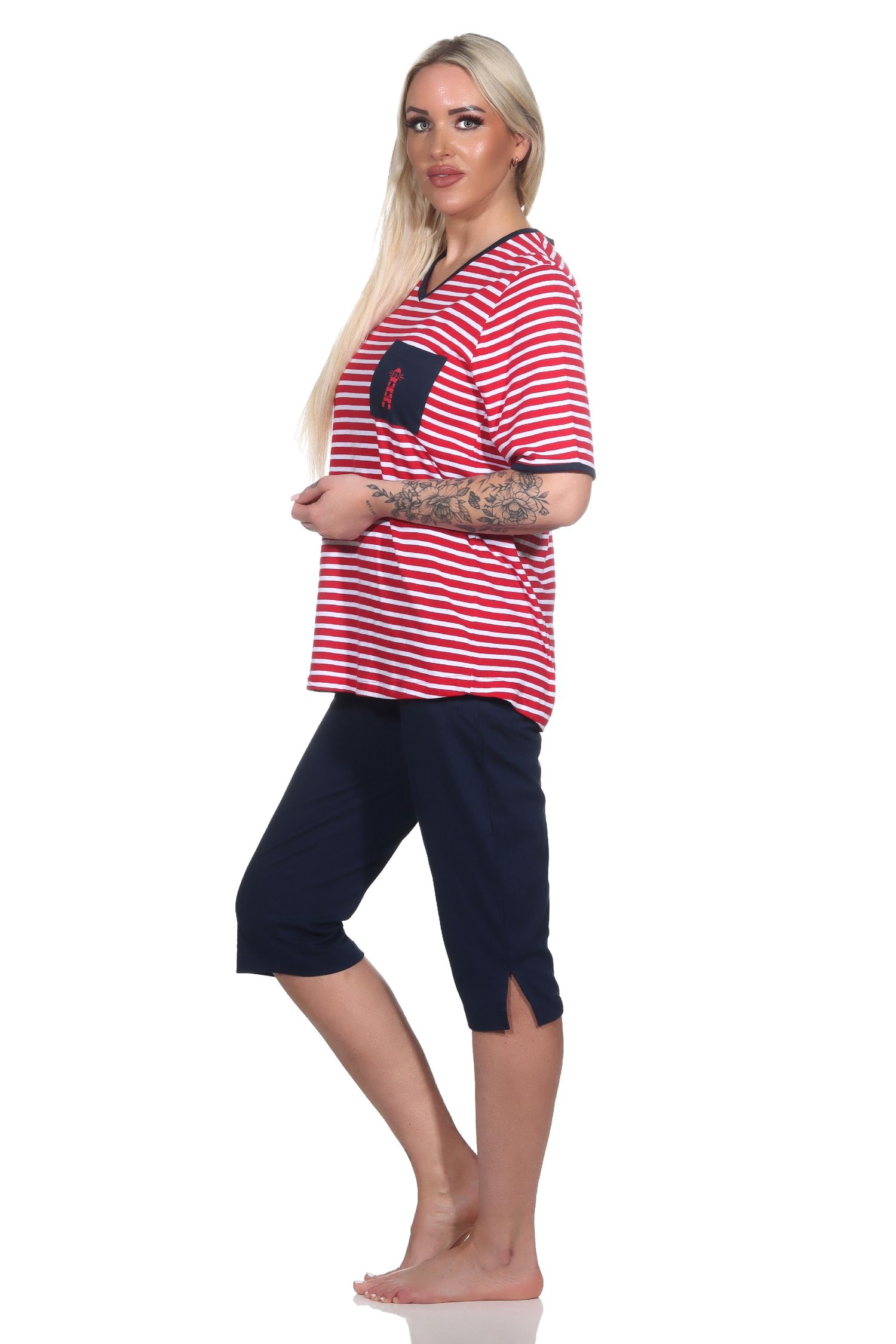 Damen Kurzarm Capri Pyjama in maritimer Optik und Leuchtturm Motiv – auch in Übergrössen