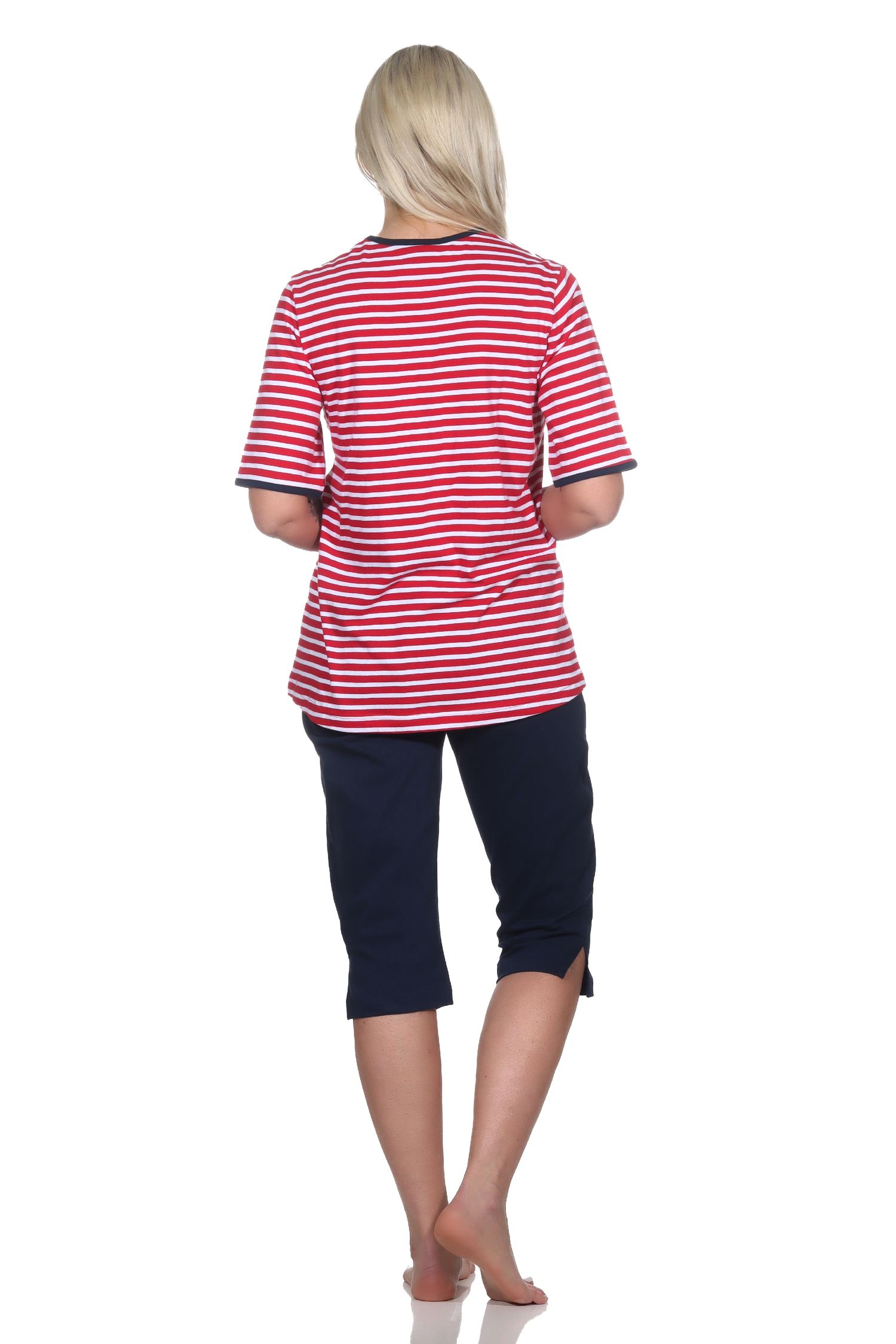 Damen Kurzarm Capri Pyjama in maritimer Optik und Leuchtturm Motiv – auch in Übergrössen