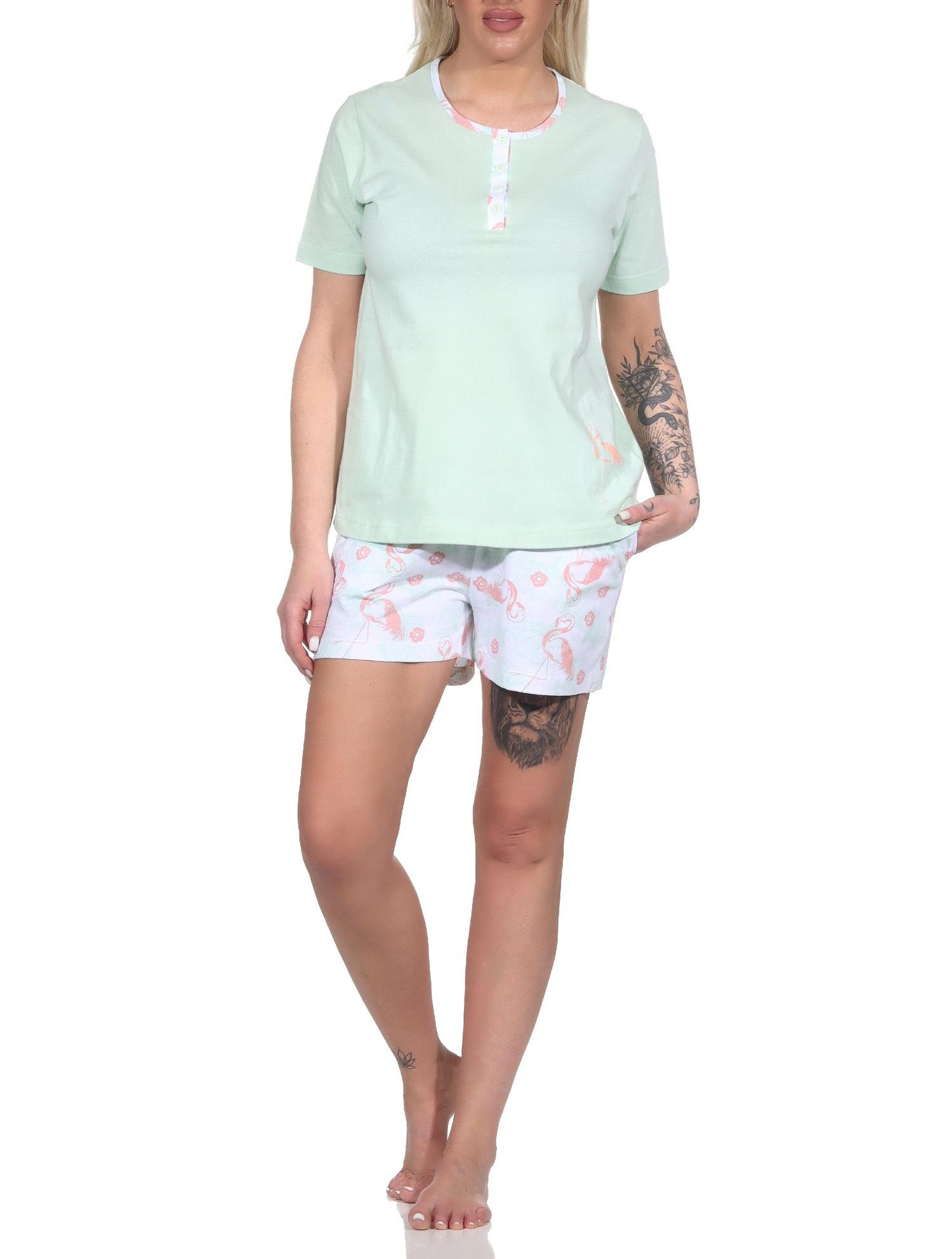 Normann Damen kurzarm Schlafanzug Shorty Pyjama mit Flamingo Motiv und Knopfleiste am Hals