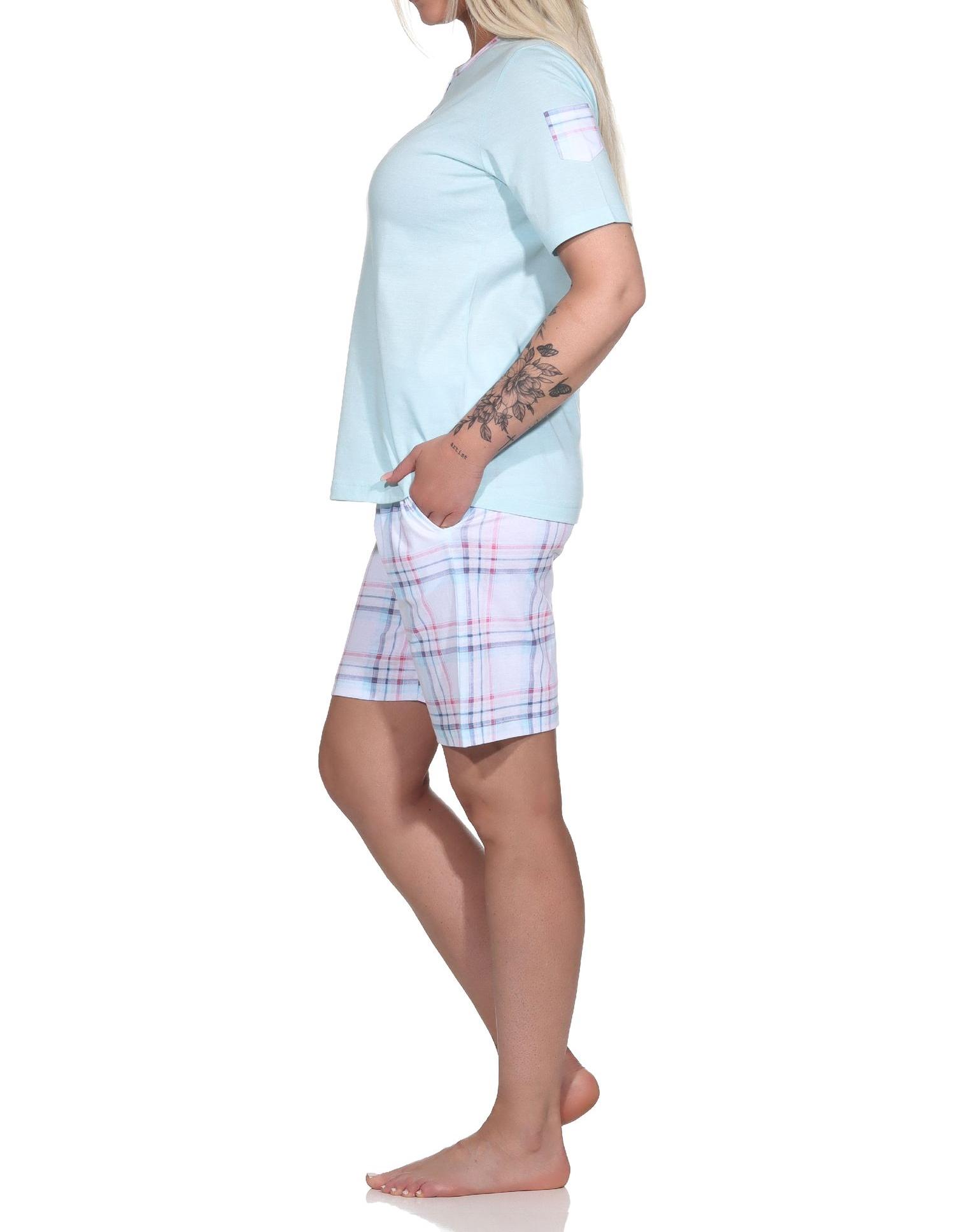 Edler Damen kurzarm Schlafanzug Shorty mit karierter Hose aus Jersey - auch in Übergrössen