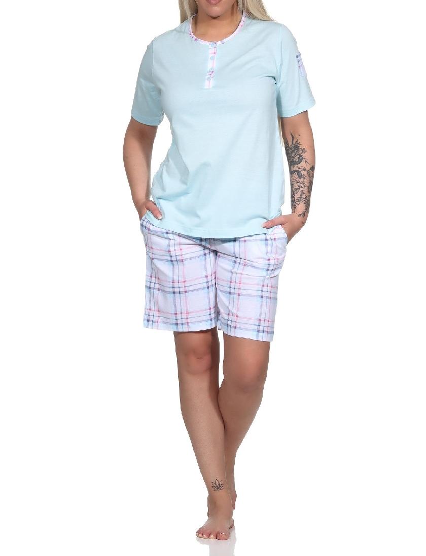 Edler Damen kurzarm Schlafanzug Shorty mit karierter Hose aus Jersey - auch in Übergrössen