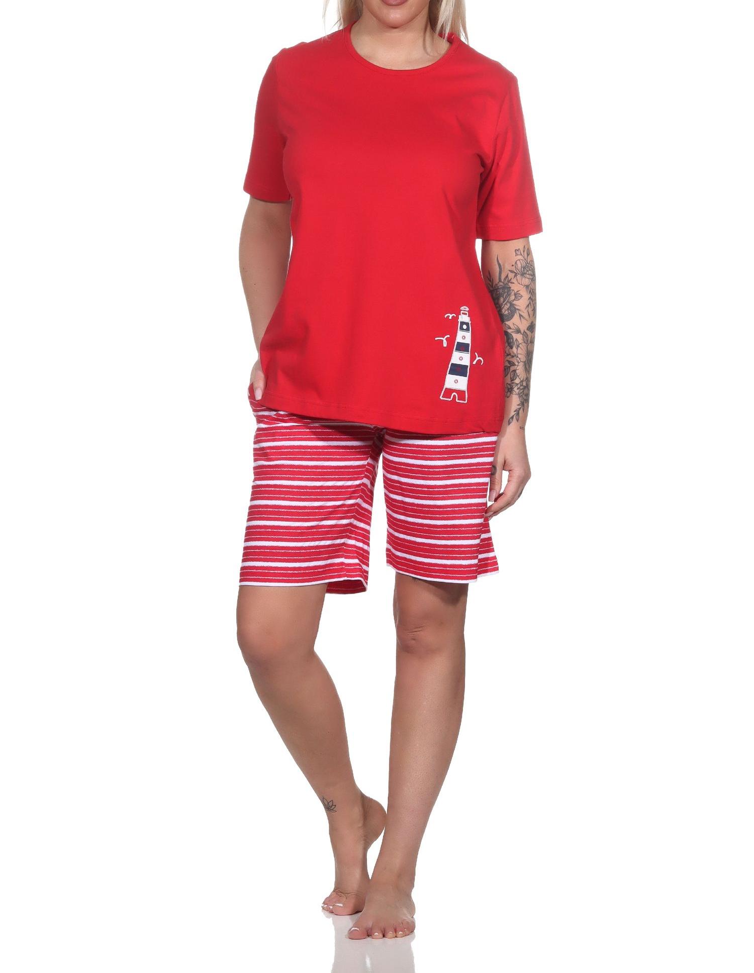 Maritimer Damen kurzarm Schlafanzug Shorty mit Leuchtturm als Motiv - auch in Übergrössen