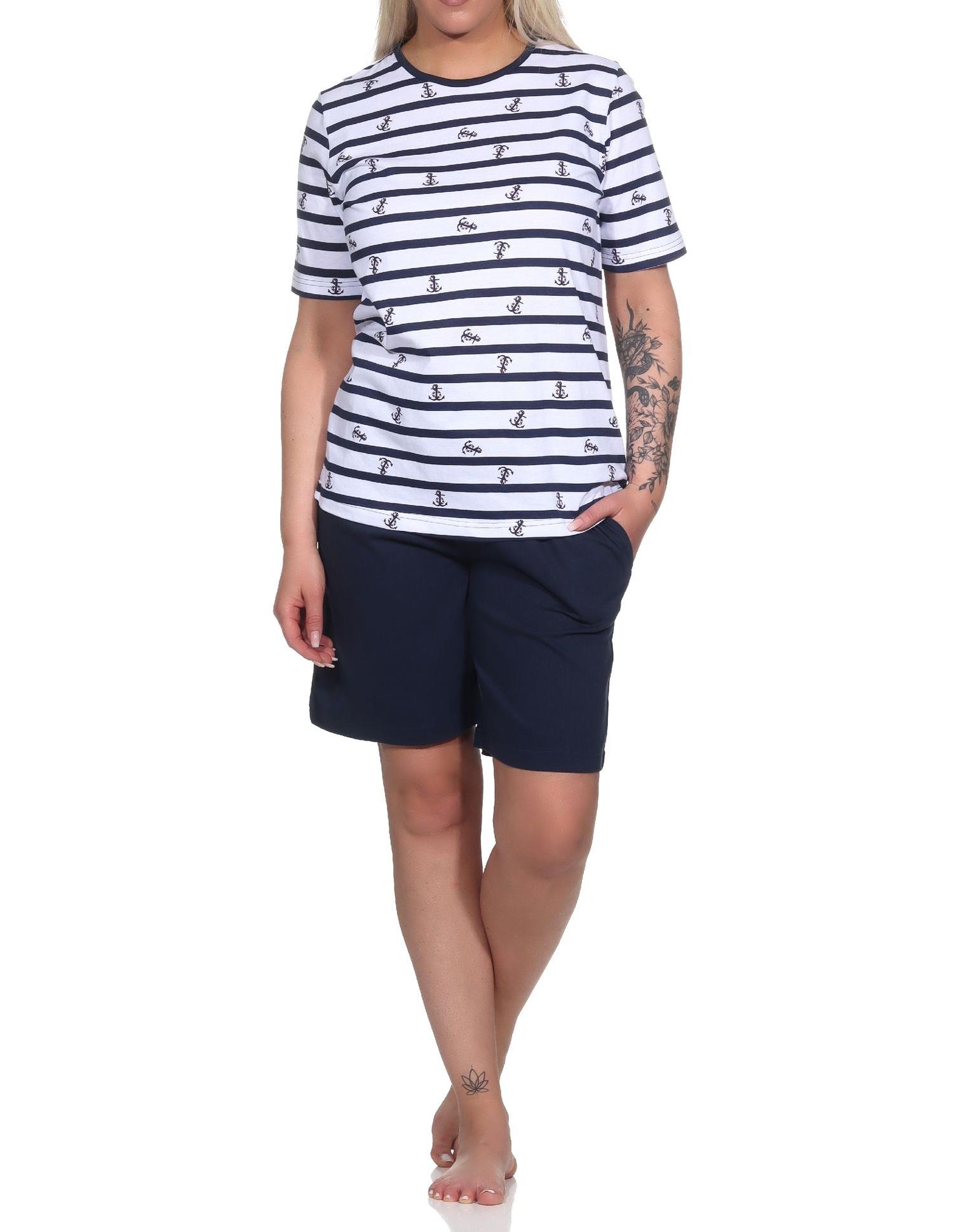 Normann Damen kurzarm Schlafanzug Shorty in maritimer Optik - auch in Übergrössen