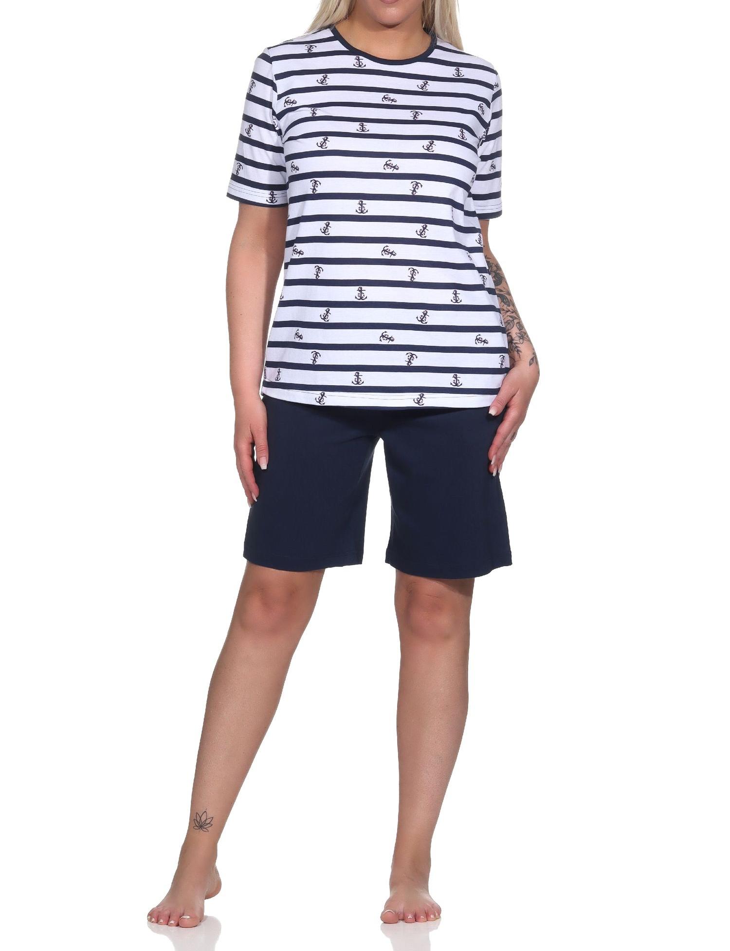 Normann Damen kurzarm Schlafanzug Shorty in maritimer Optik - auch in Übergrössen