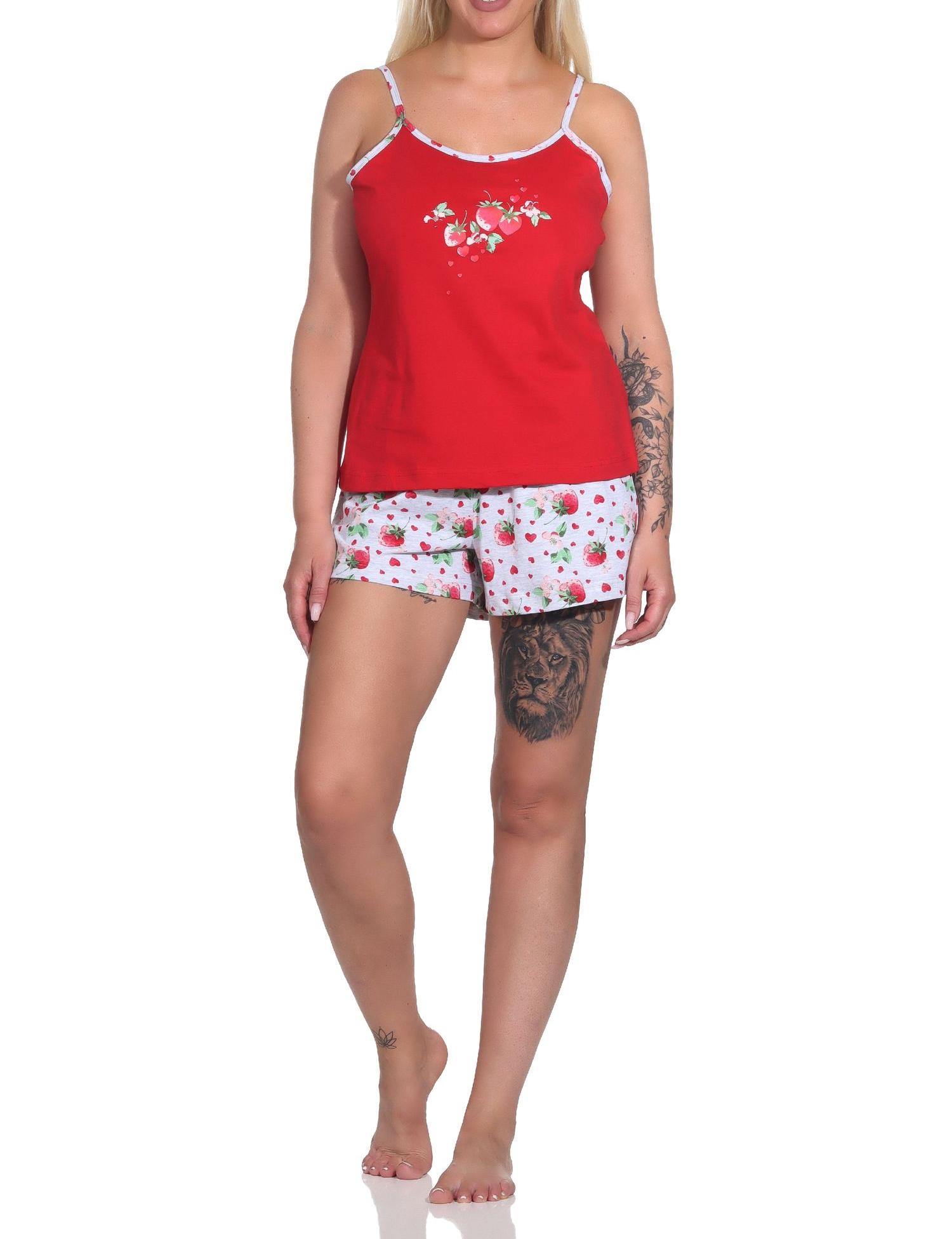 Süsser ärmelloser Damen Schlafanzug Shorty mit Spaghetti-Trägern und Erdbeeren als Motiv