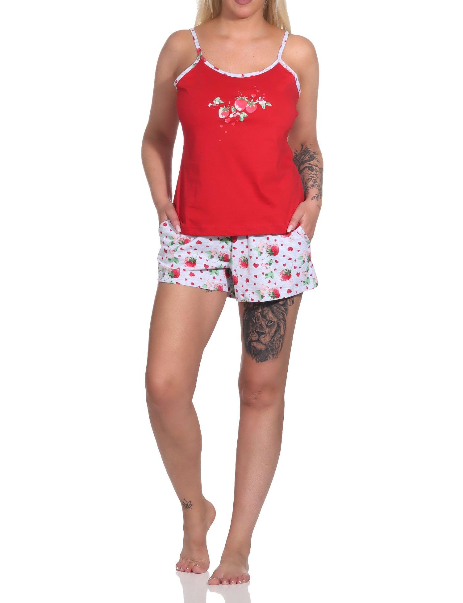 Süsser ärmelloser Damen Schlafanzug Shorty mit Spaghetti-Trägern und Erdbeeren als Motiv