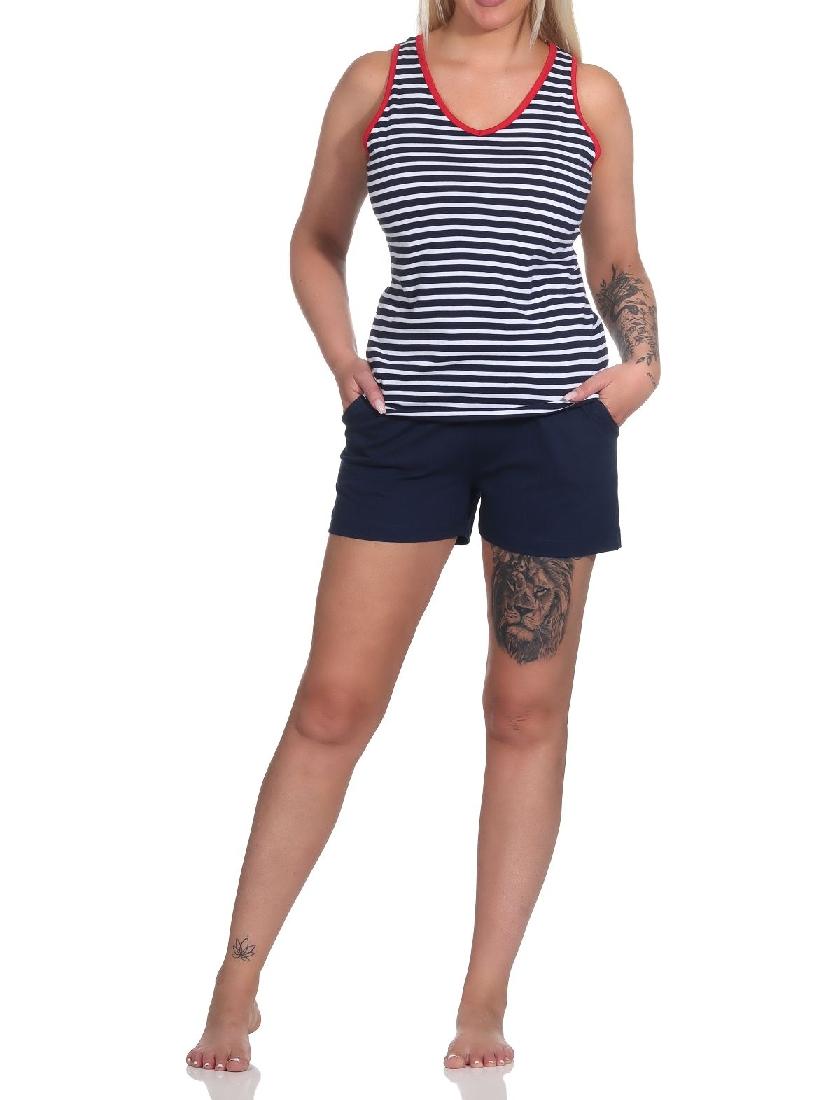 Maritimer ärmelloser Damen Shorty Schlafanzug mit Leuchturm Motiv – auch in Übergrößen