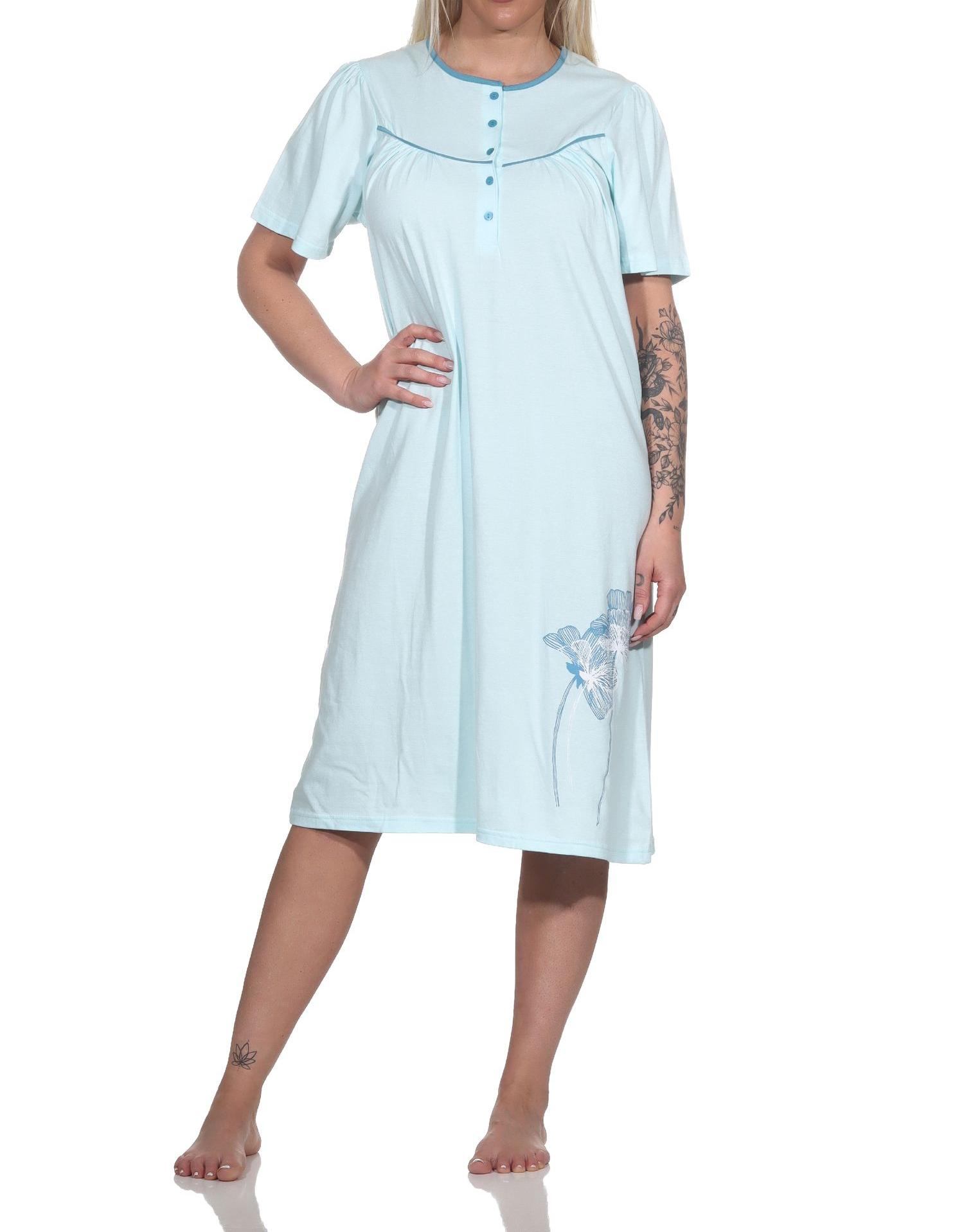 Elegantes frauliches Damen kurzarm Nachthemd,105 cm Länge, Knopfleiste am Hals