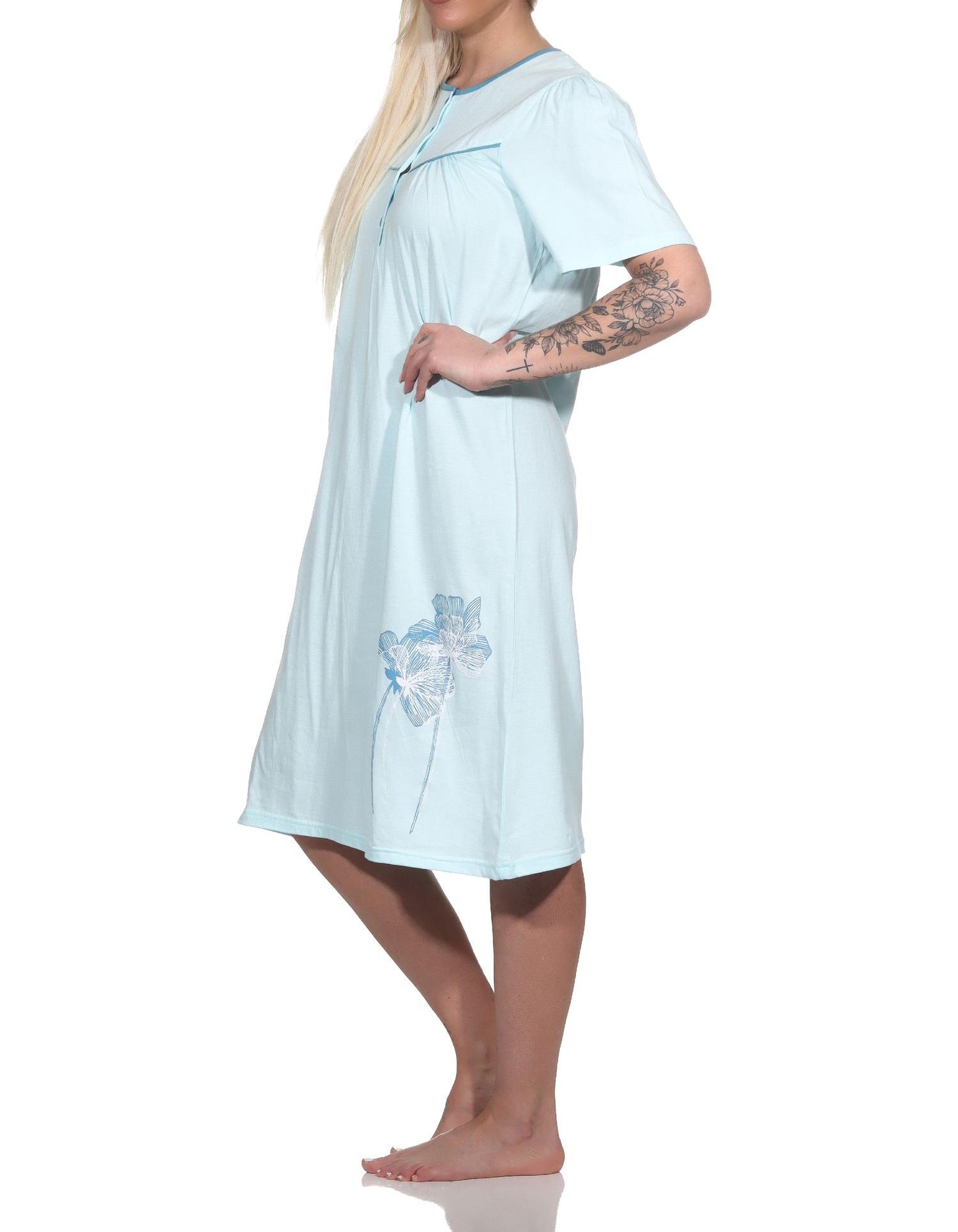 Elegantes frauliches Damen kurzarm Nachthemd,105 cm Länge, Knopfleiste am Hals